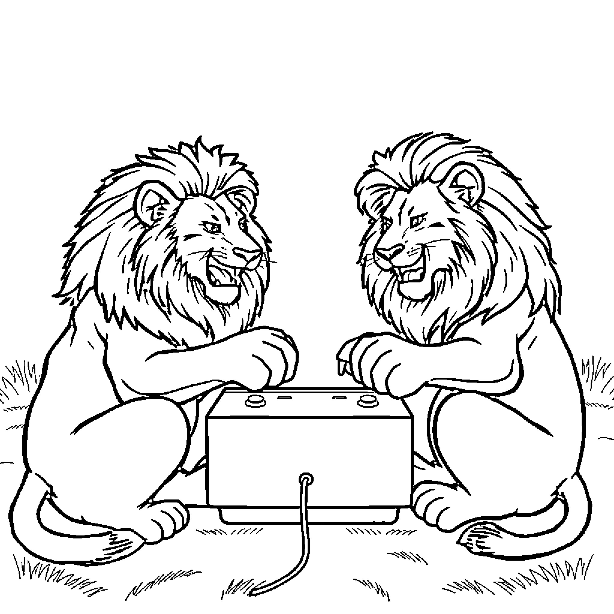 Lions playing video game together Coloring Page (free black-and-white line drawing printable PDF for all, from beginners to advanced learners, including children, teens, adults, and seniors)