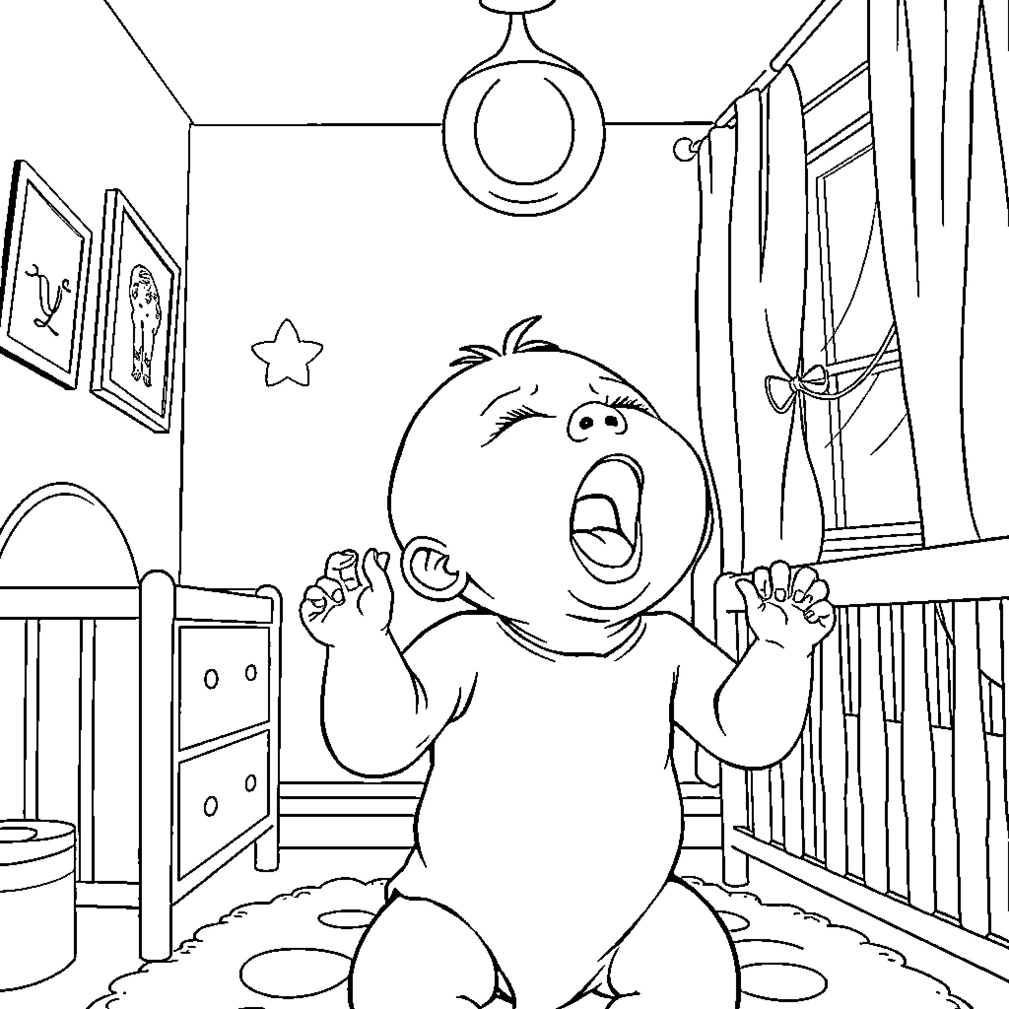 Baby crying loudly in bedroom Coloring Page (free black-and-white line drawing printable PDF for all, from beginners to advanced learners, including children, teens, adults, and seniors)
