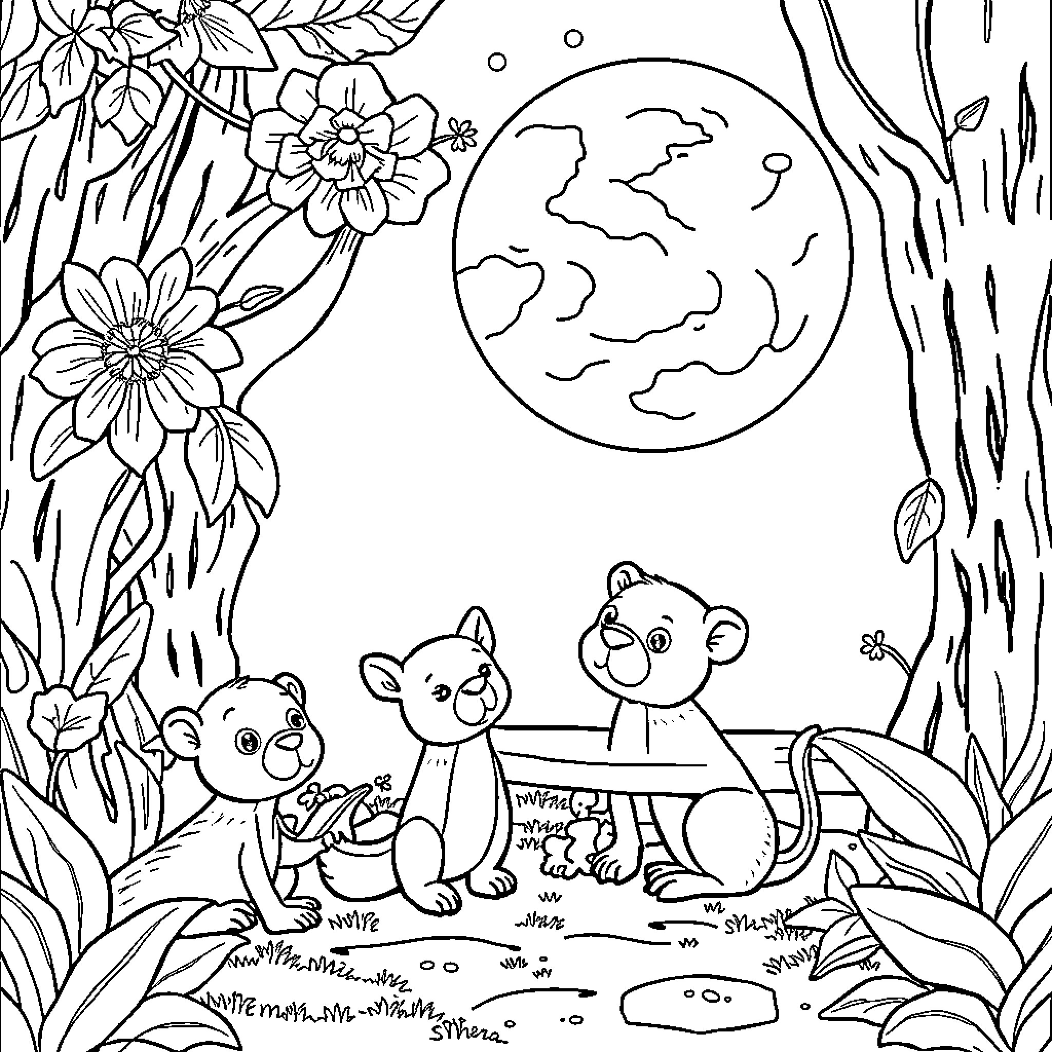 Farm Animals Enjoying a Moonlit Night in Nature Coloring Page (free black-and-white line drawing printable PDF for all, from beginners to advanced learners, including children, teens, adults, and seniors)