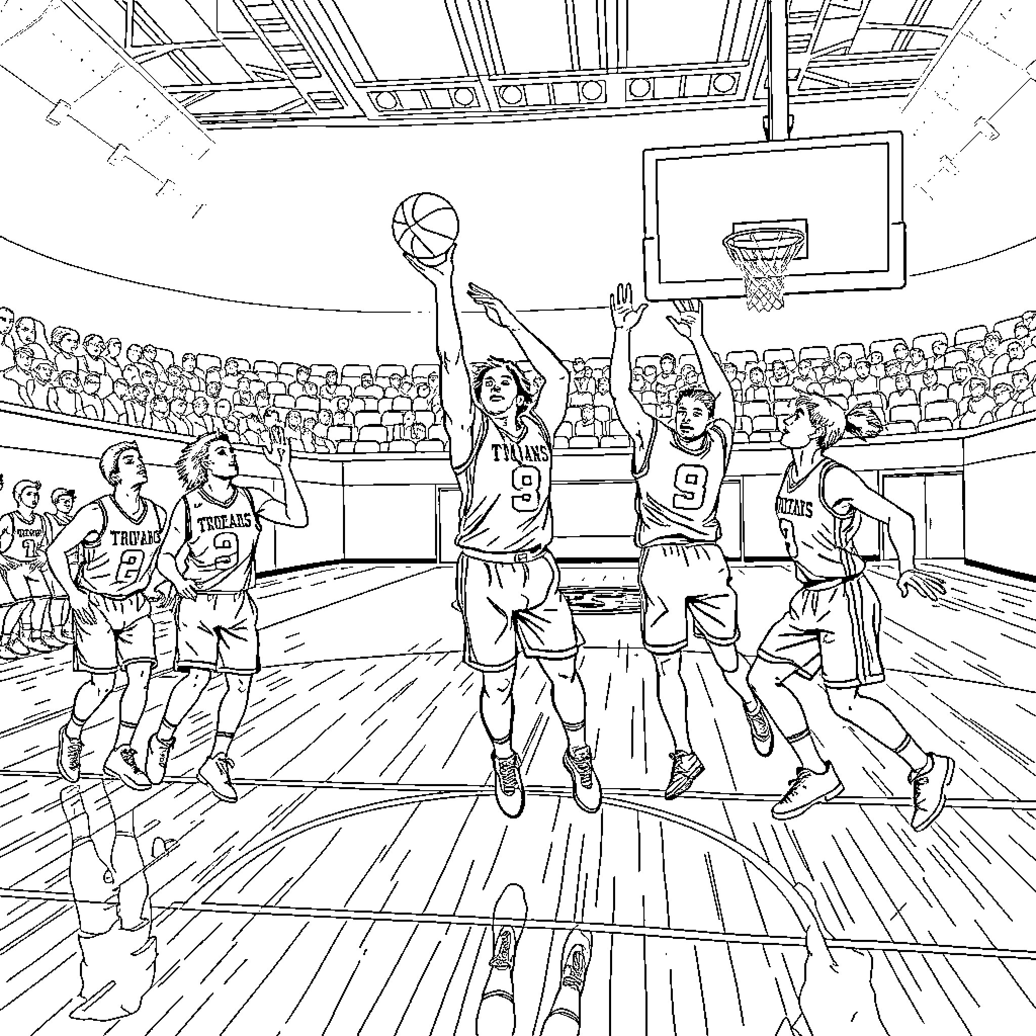 Trojan Basketball Players Competing on the Court Coloring Page (free black-and-white line drawing printable PDF for all, from beginners to advanced learners, including children, teens, adults, and seniors)