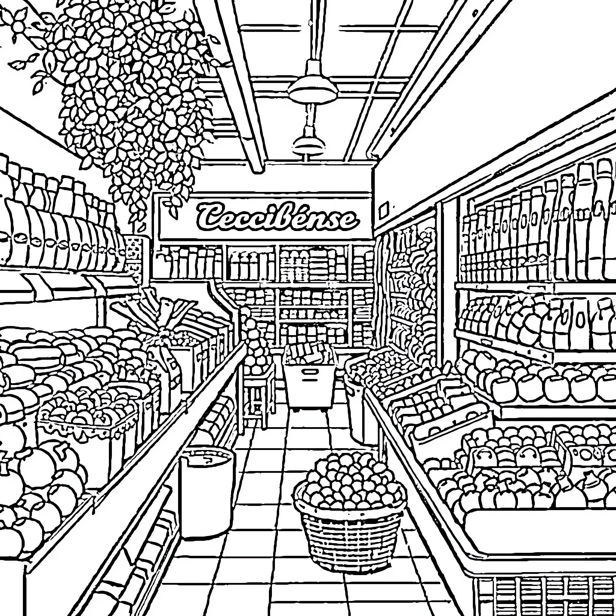 Supermarket aisle with various groceries and products Coloring Page (free black-and-white line drawing printable PDF for all, from beginners to advanced learners, including children, teens, adults, and seniors)