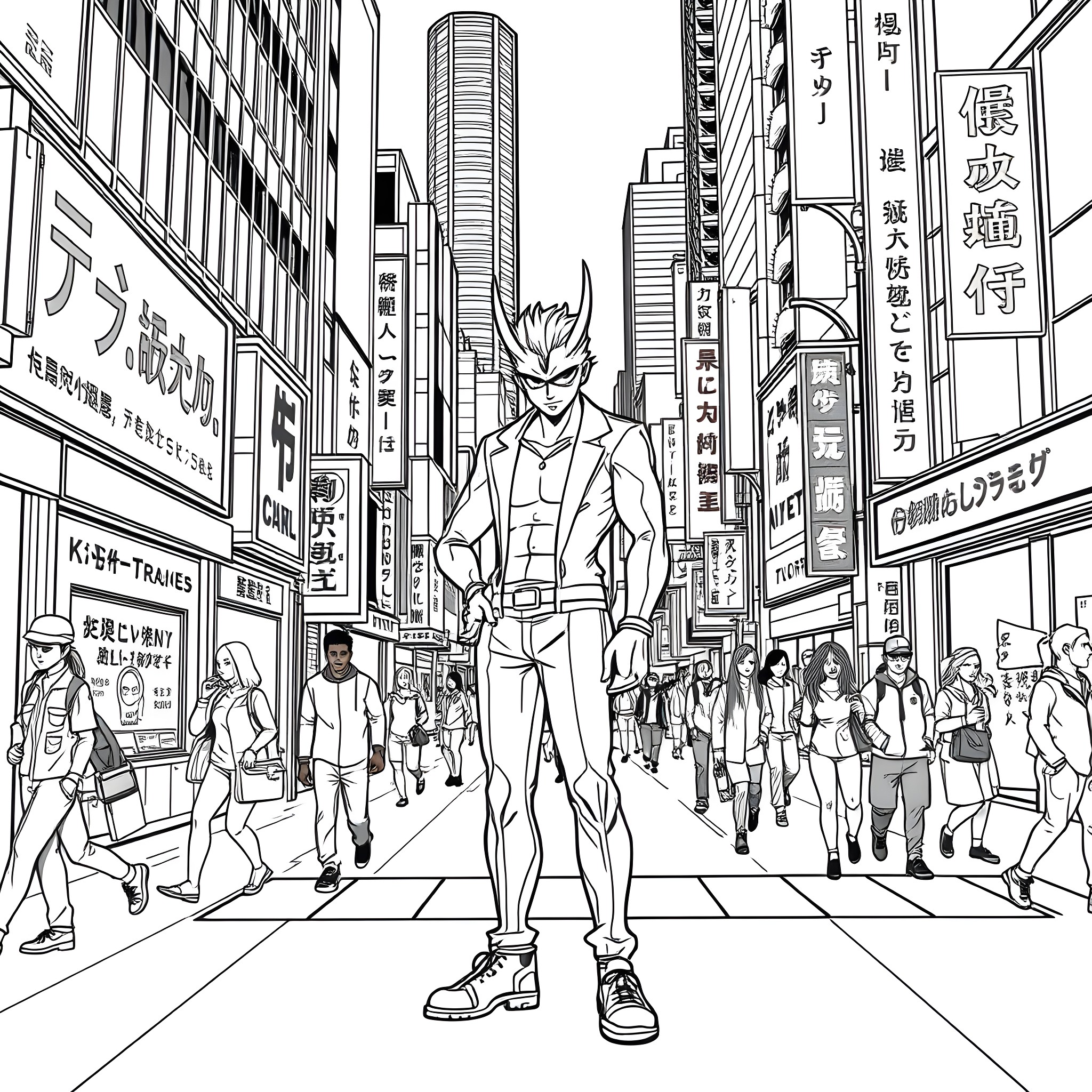 Kiryu Stands Tall in the Bustling City Streets Coloring Page (free black-and-white line drawing printable PDF for all, from beginners to advanced learners, including children, teens, adults, and seniors)