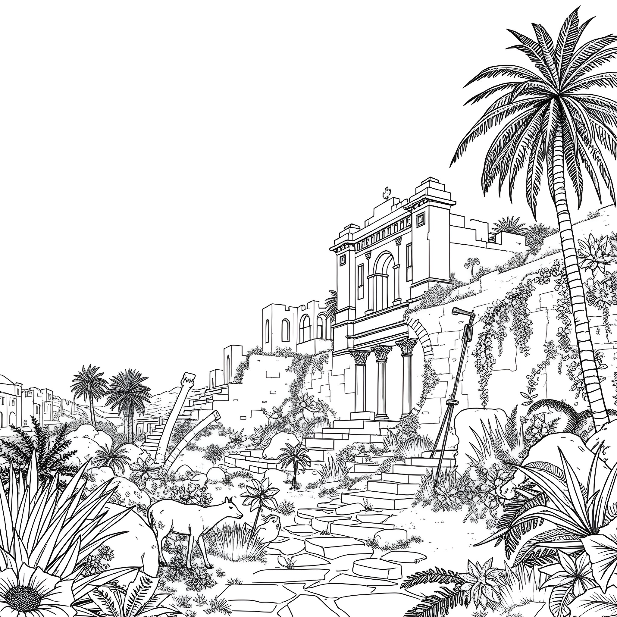 Ancient Life in a Tropical Oasis Coloring Page (free black-and-white line drawing printable PDF for all, from beginners to advanced learners, including children, teens, adults, and seniors)