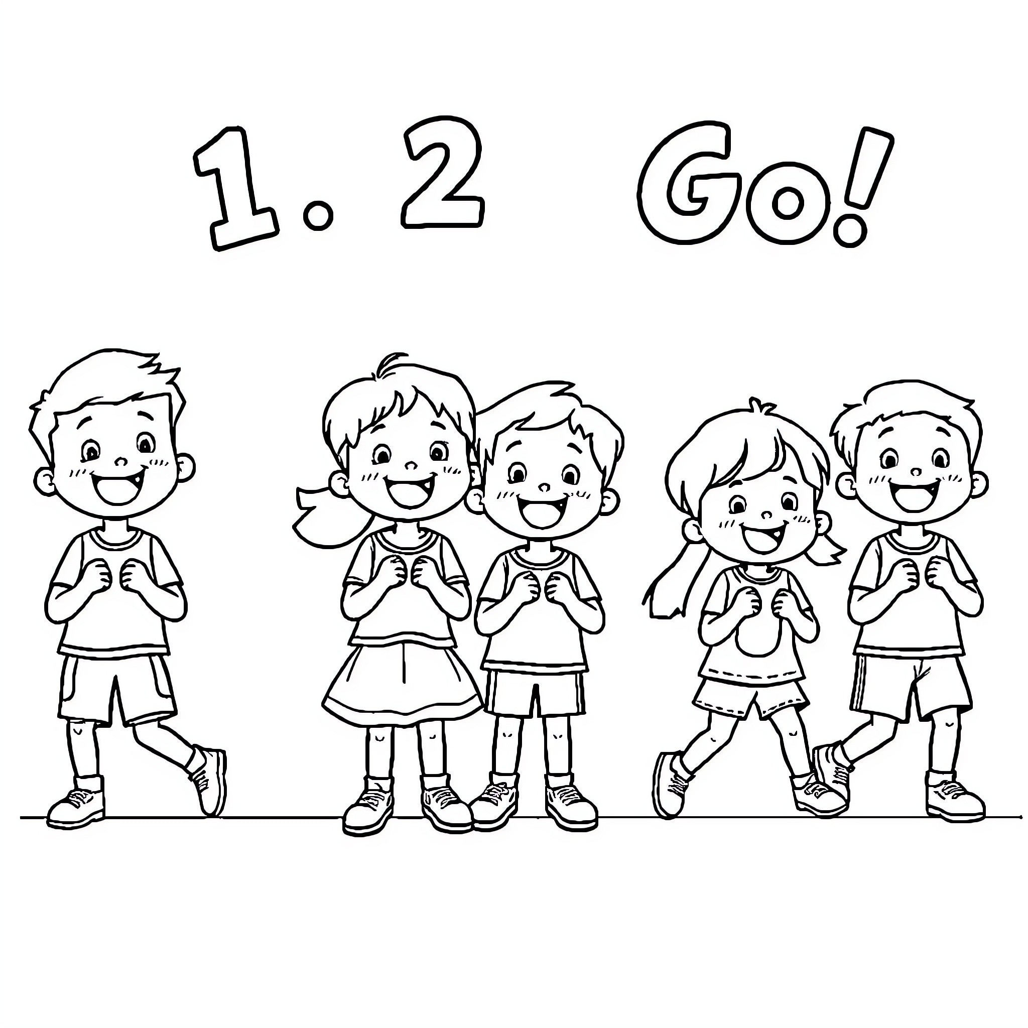 Go! Kids Cheering and Celebrating Coloring Page (free black-and-white line drawing printable PDF for all, from beginners to advanced learners, including children, teens, adults, and seniors)