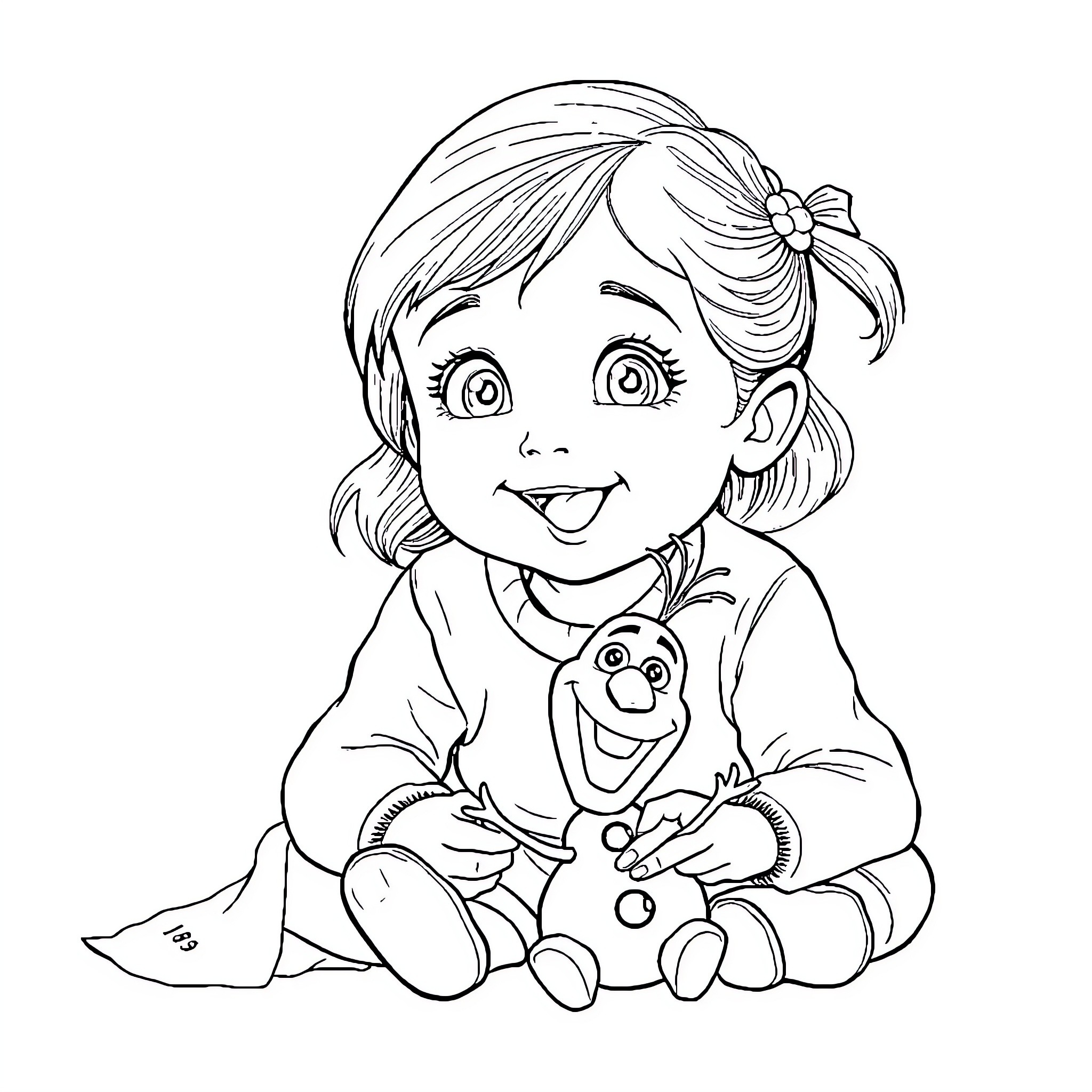 Girl playing happily with a doll Coloring Page (free black-and-white line drawing printable PDF for all, from beginners to advanced learners, including children, teens, adults, and seniors)