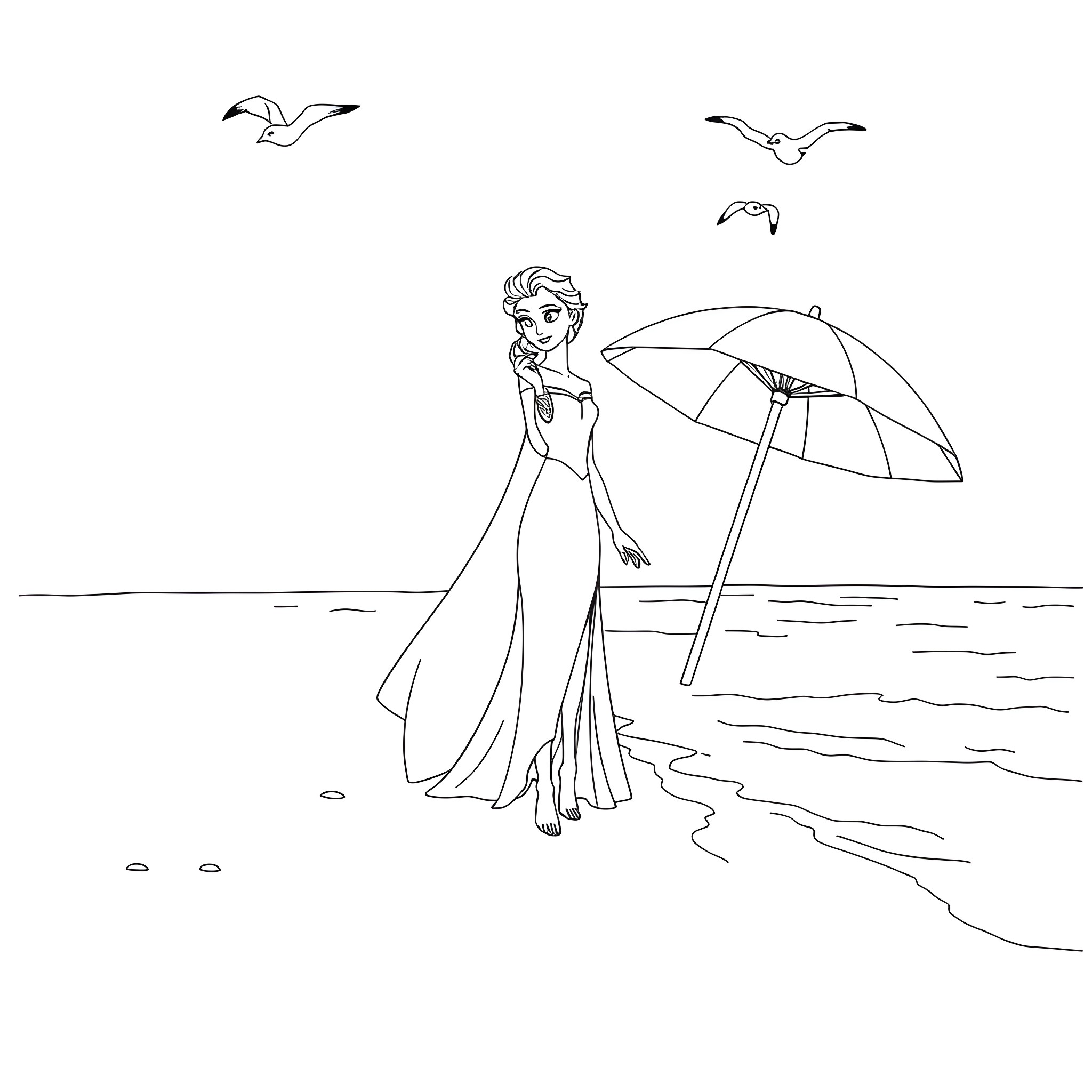 Elsa enjoying a sunny day at the beach Coloring Page (free black-and-white line drawing printable PDF for all, from beginners to advanced learners, including children, teens, adults, and seniors)