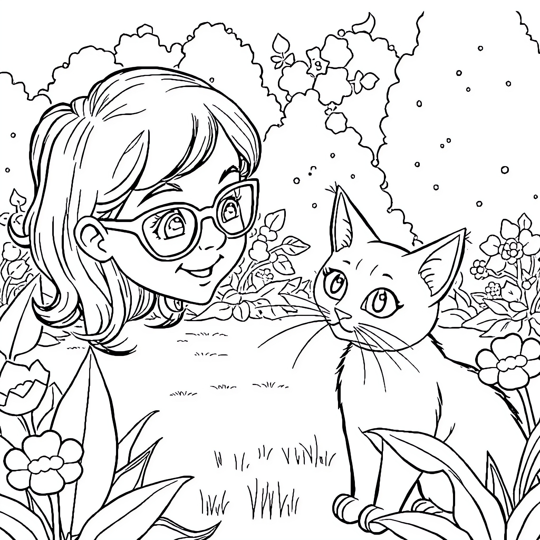 Girl and her pet cat in a floral garden Coloring Page (free black-and-white line drawing printable PDF for all, from beginners to advanced learners, including children, teens, adults, and seniors)