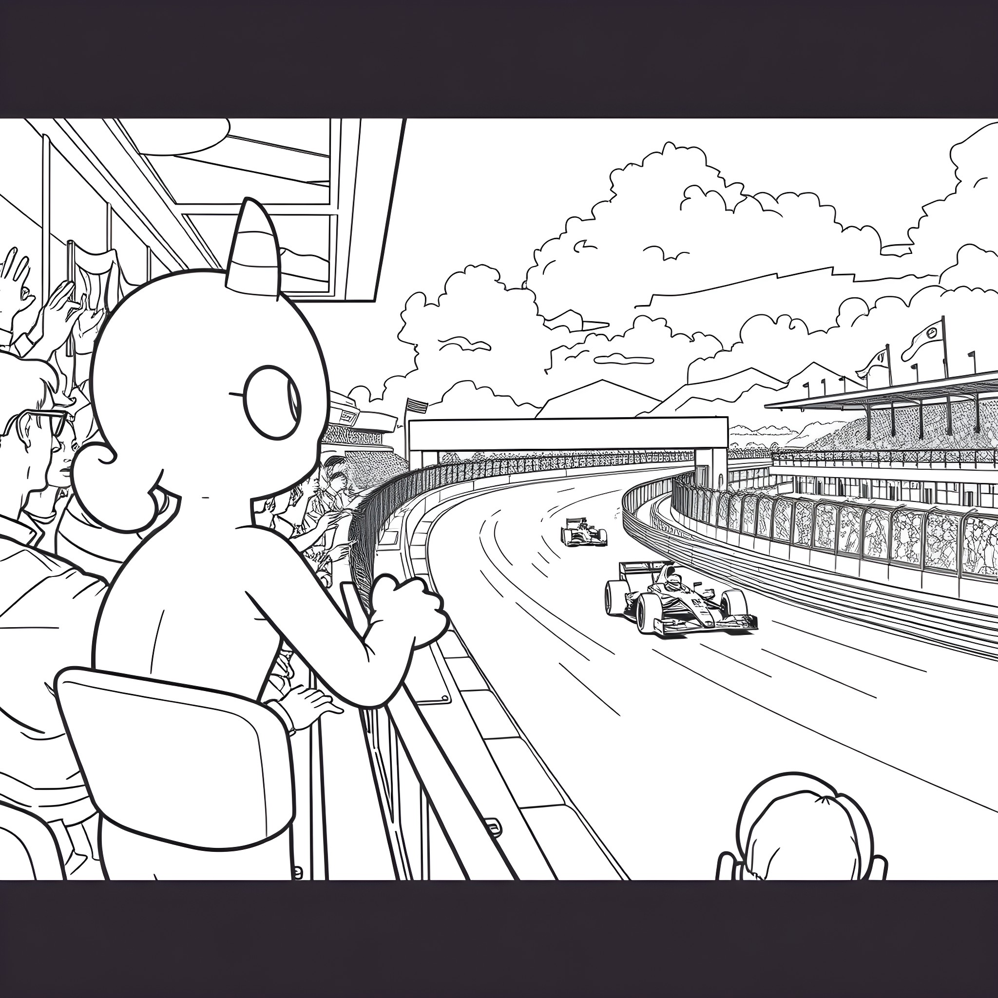 Bluey at the Racetrack Watching the Cars Coloring Page (free black-and-white line drawing printable PDF for all, from beginners to advanced learners, including children, teens, adults, and seniors)