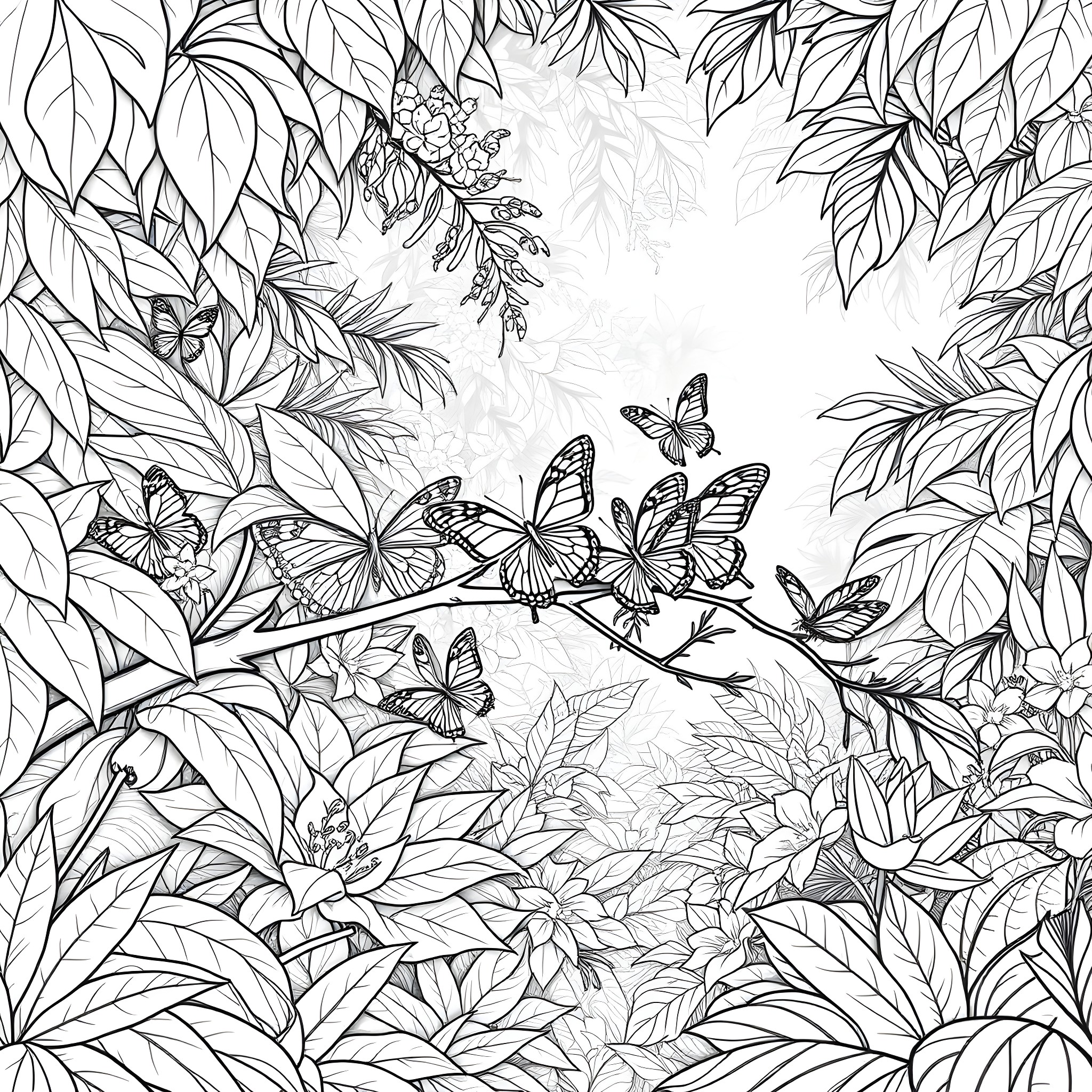 Butterfly Nature Sanctuary Coloring Page (free black-and-white line drawing printable PDF for all, from beginners to advanced learners, including children, teens, adults, and seniors)