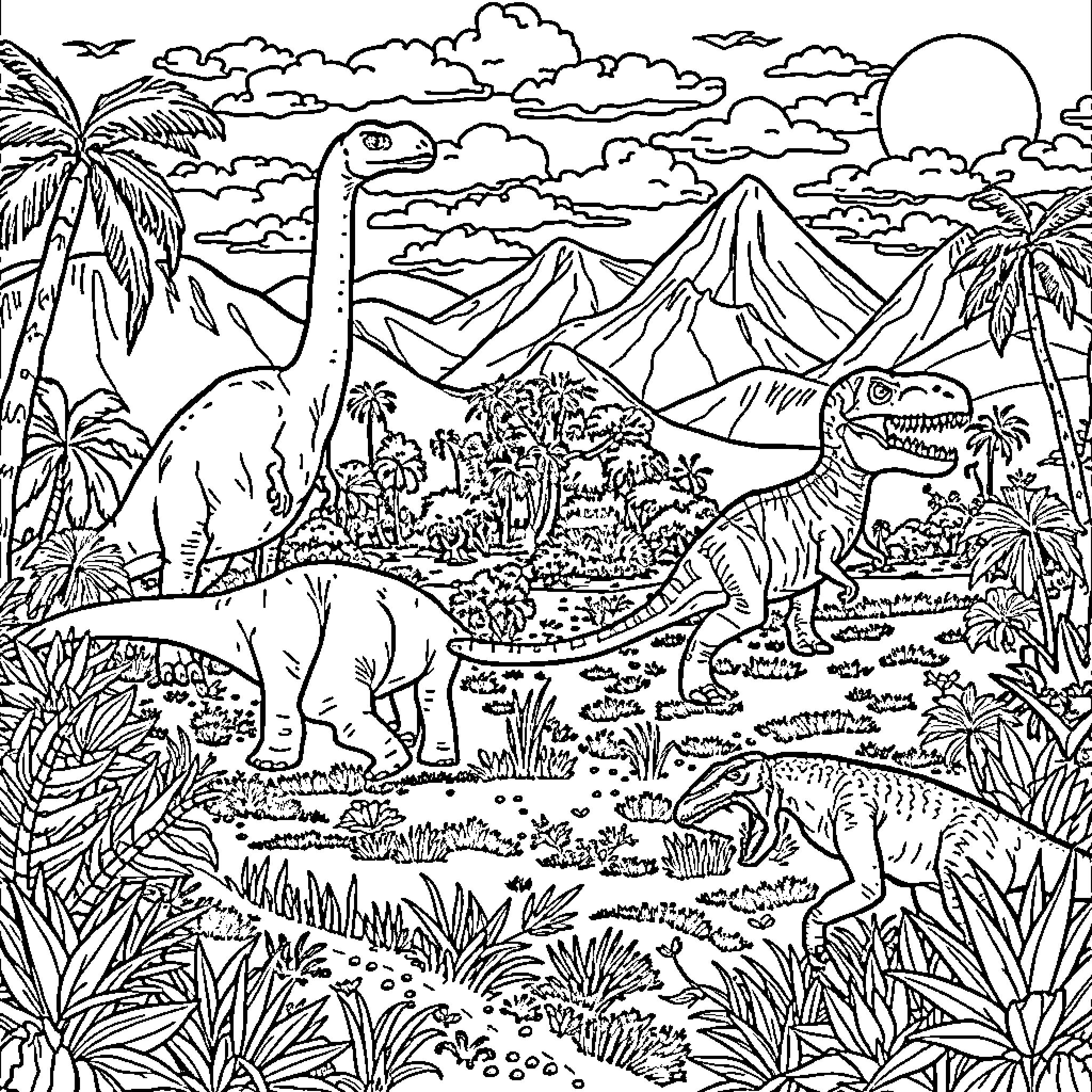Dinosaur Roaming in Prehistoric Landscape Coloring Page (free black-and-white line drawing printable PDF for all, from beginners to advanced learners, including children, teens, adults, and seniors)
