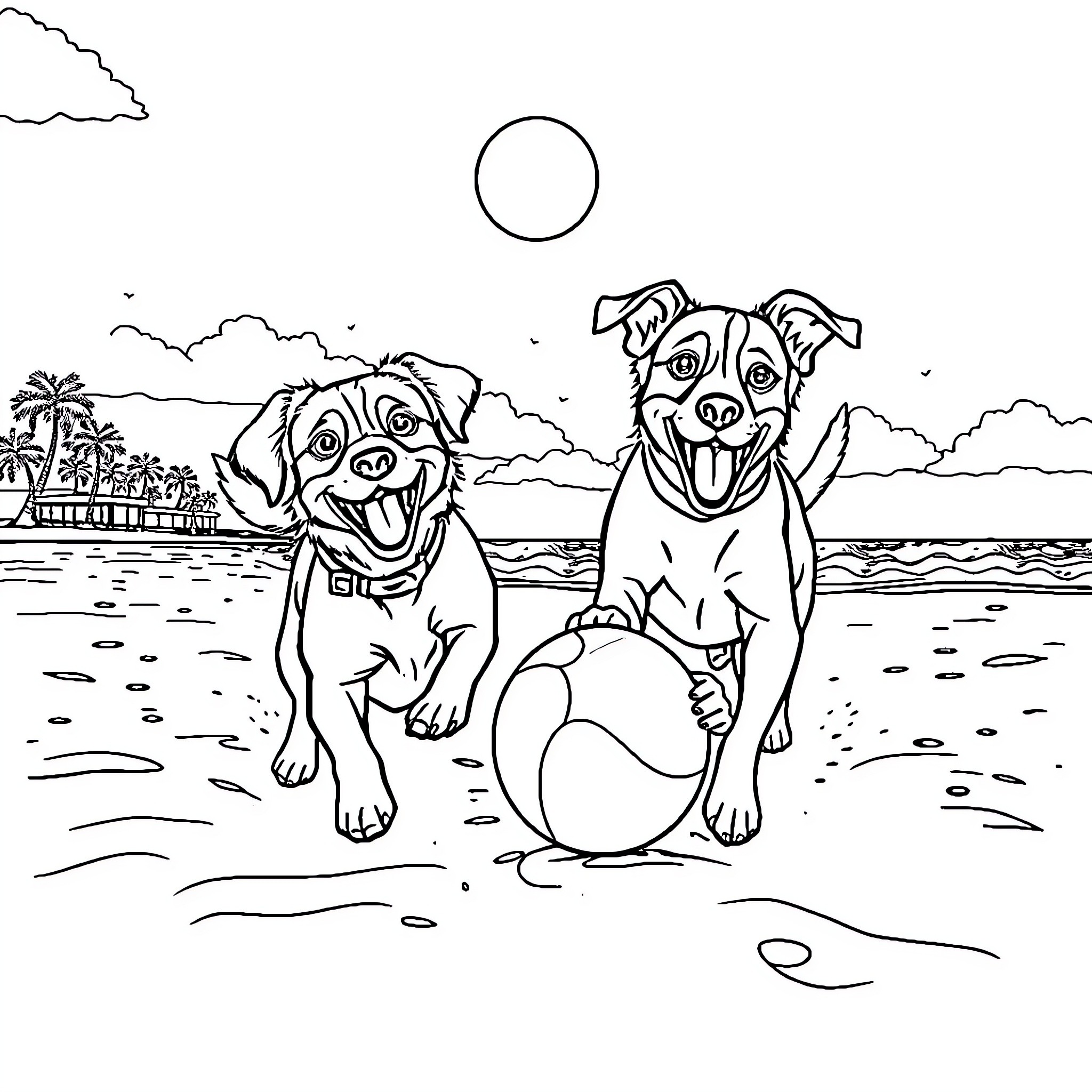Dogs playing with beach ball on sunny coastline Coloring Page (free black-and-white line drawing printable PDF for all, from beginners to advanced learners, including children, teens, adults, and seniors)