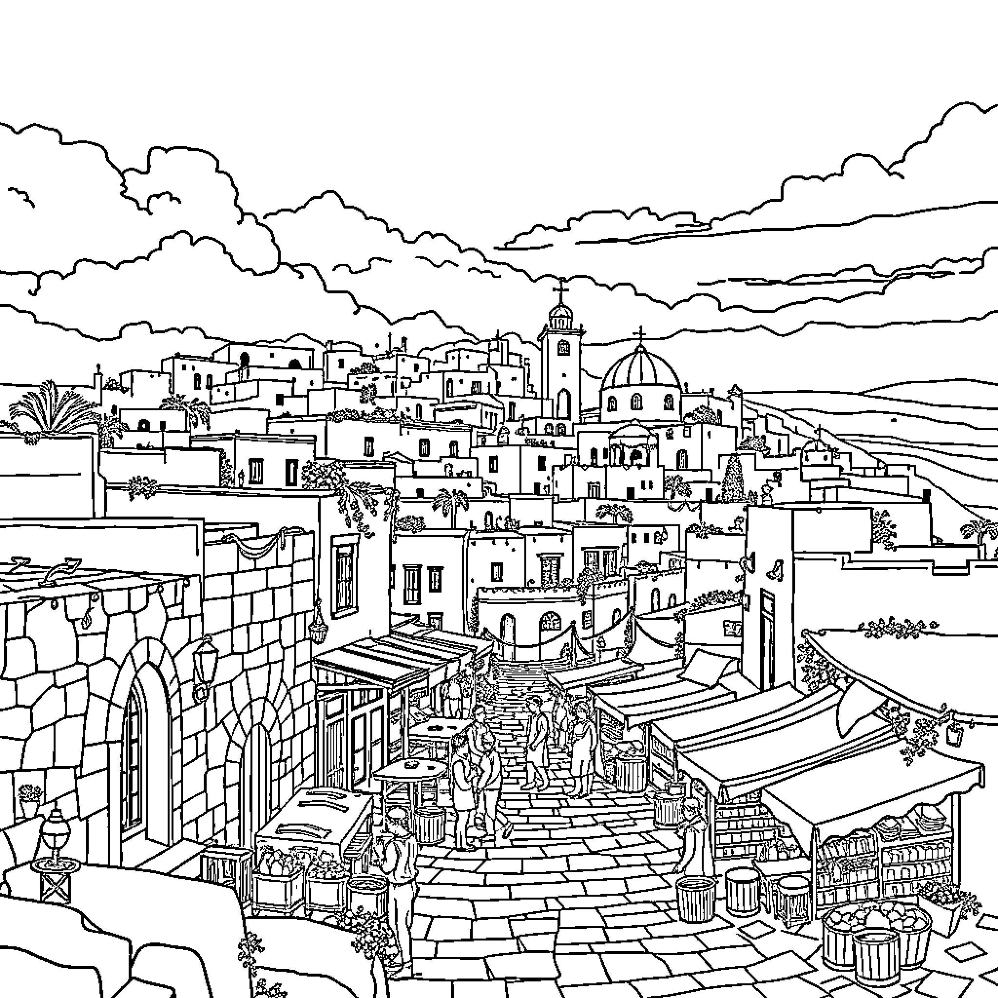 Palestine cityscape with intricate buildings and bustling market Coloring Page (free black-and-white line drawing printable PDF for all, from beginners to advanced learners, including children, teens, adults, and seniors)