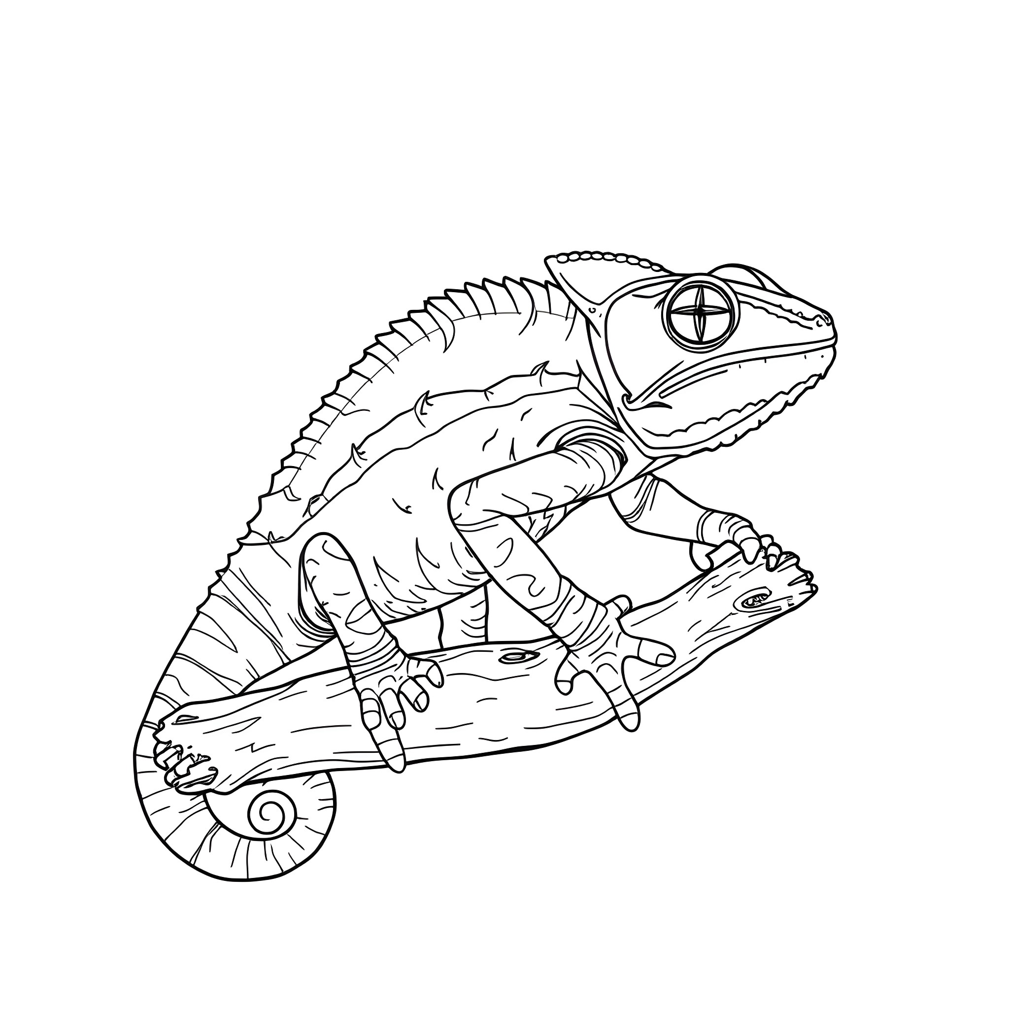 Chameleon with robotic elements exploring its surroundings Coloring Page (free black-and-white line drawing printable PDF for all, from beginners to advanced learners, including children, teens, adults, and seniors)