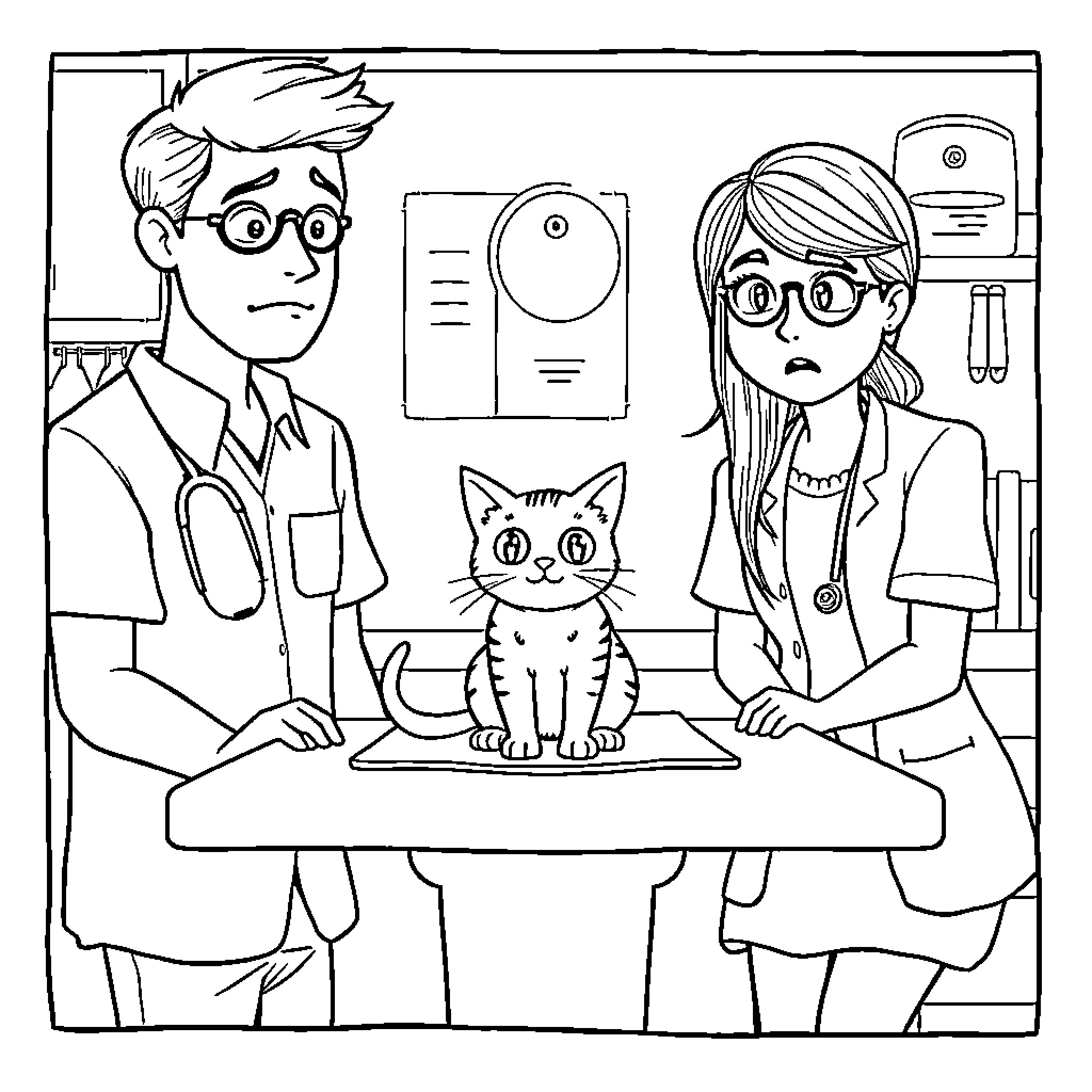 Cat visiting the veterinarians for a checkup Coloring Page (free black-and-white line drawing printable PDF for all, from beginners to advanced learners, including children, teens, adults, and seniors)