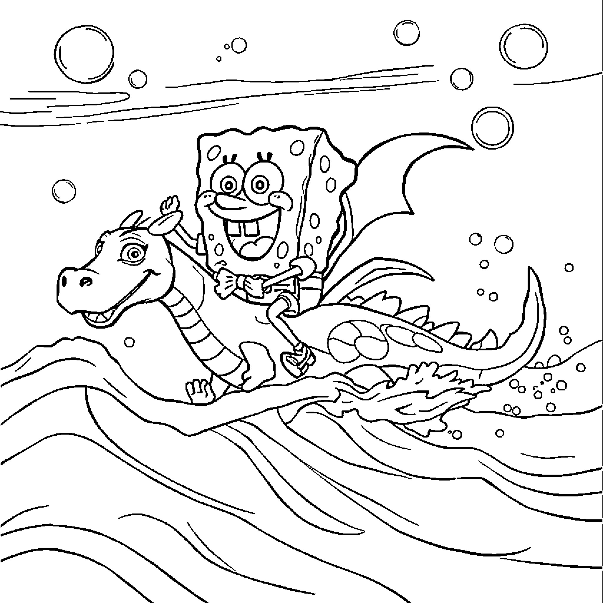 Spongebob riding a dragon in the sea Coloring Page (free black-and-white line drawing printable PDF for all, from beginners to advanced learners, including children, teens, adults, and seniors)