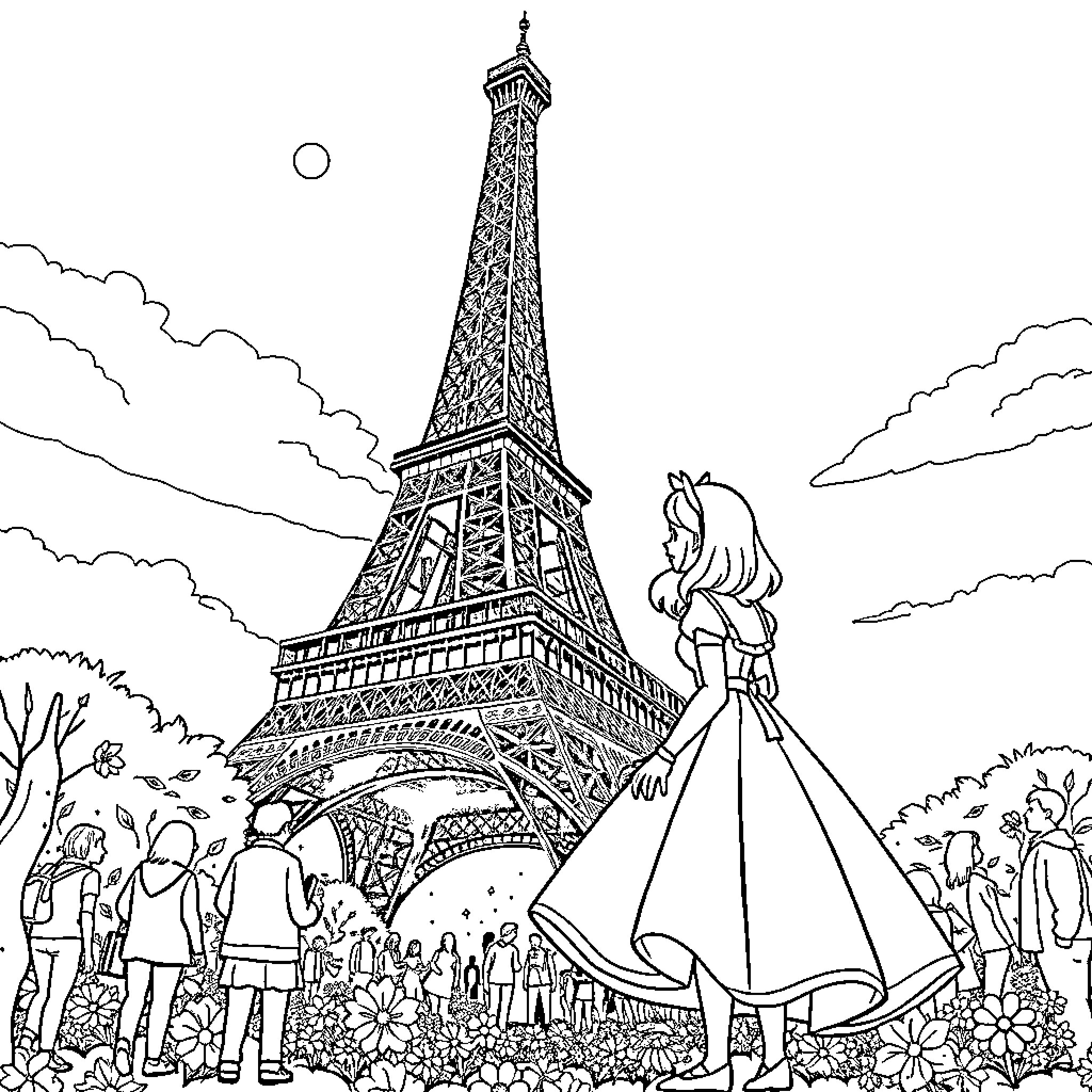 Alice's Romantic Stroll at the Eiffel Tower Coloring Page (free black-and-white line drawing printable PDF for all, from beginners to advanced learners, including children, teens, adults, and seniors)