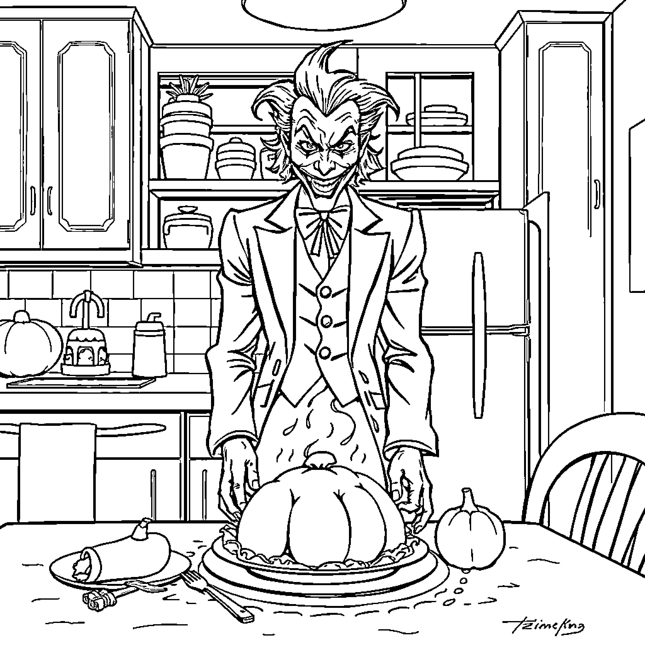 Joker preparing a sinister feast in the kitchen Coloring Page (free black-and-white line drawing printable PDF for all, from beginners to advanced learners, including children, teens, adults, and seniors)