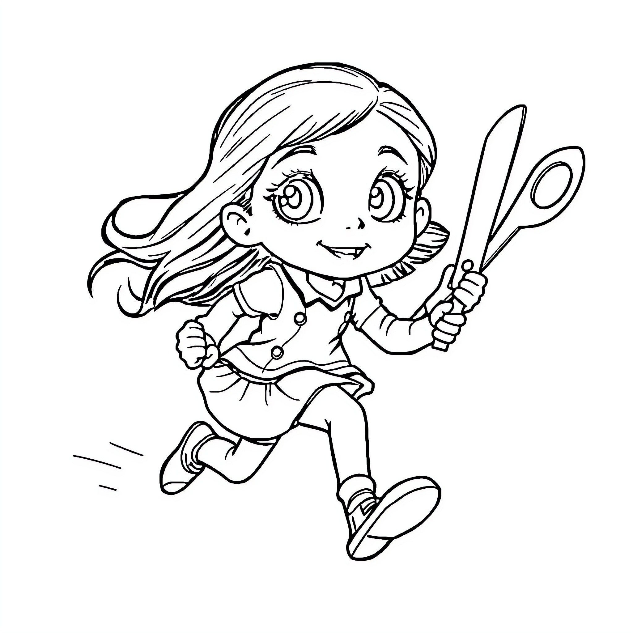 Girl happily holding scissors while running Coloring Page (free black-and-white line drawing printable PDF for all, from beginners to advanced learners, including children, teens, adults, and seniors)