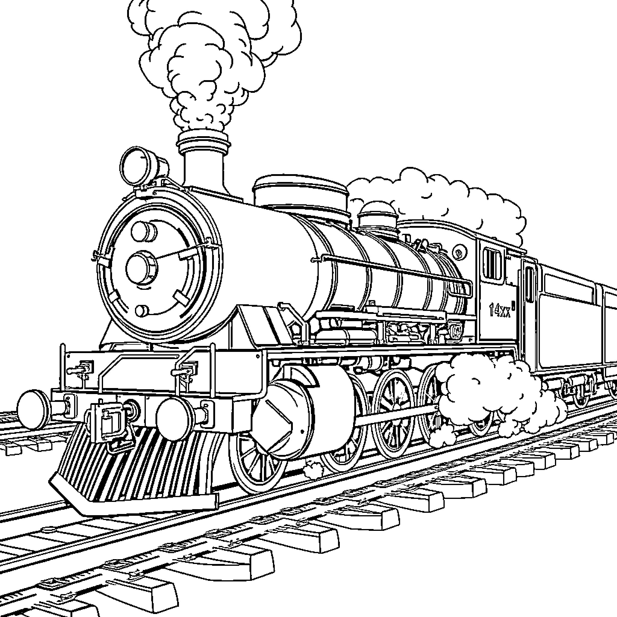 Steam Engine Locomotive Traveling on Railway Tracks Coloring Page (free black-and-white line drawing printable PDF for all, from beginners to advanced learners, including children, teens, adults, and seniors)