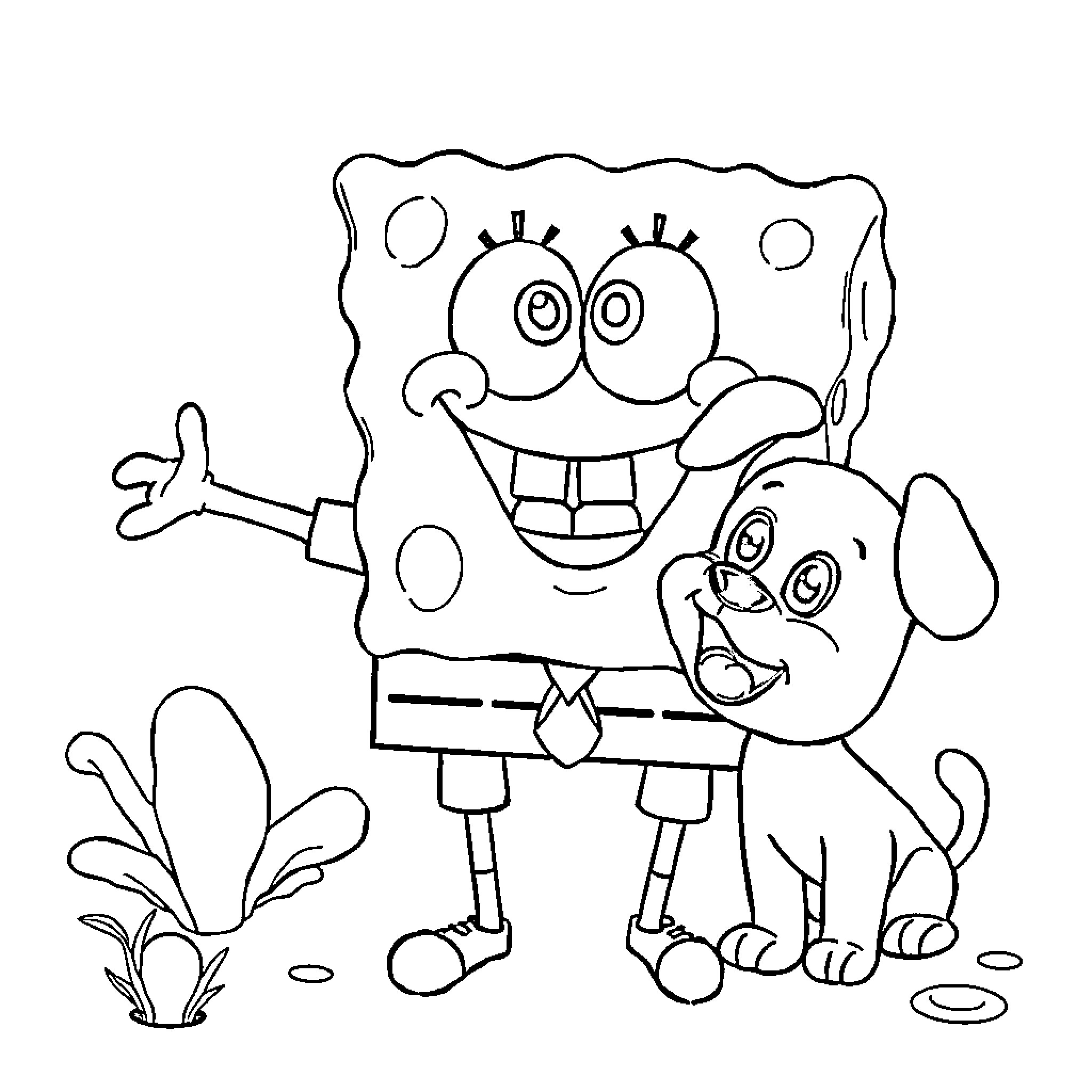 Sponge and Puppy's Playful Encounter Coloring Page (free black-and-white line drawing printable PDF for all, from beginners to advanced learners, including children, teens, adults, and seniors)