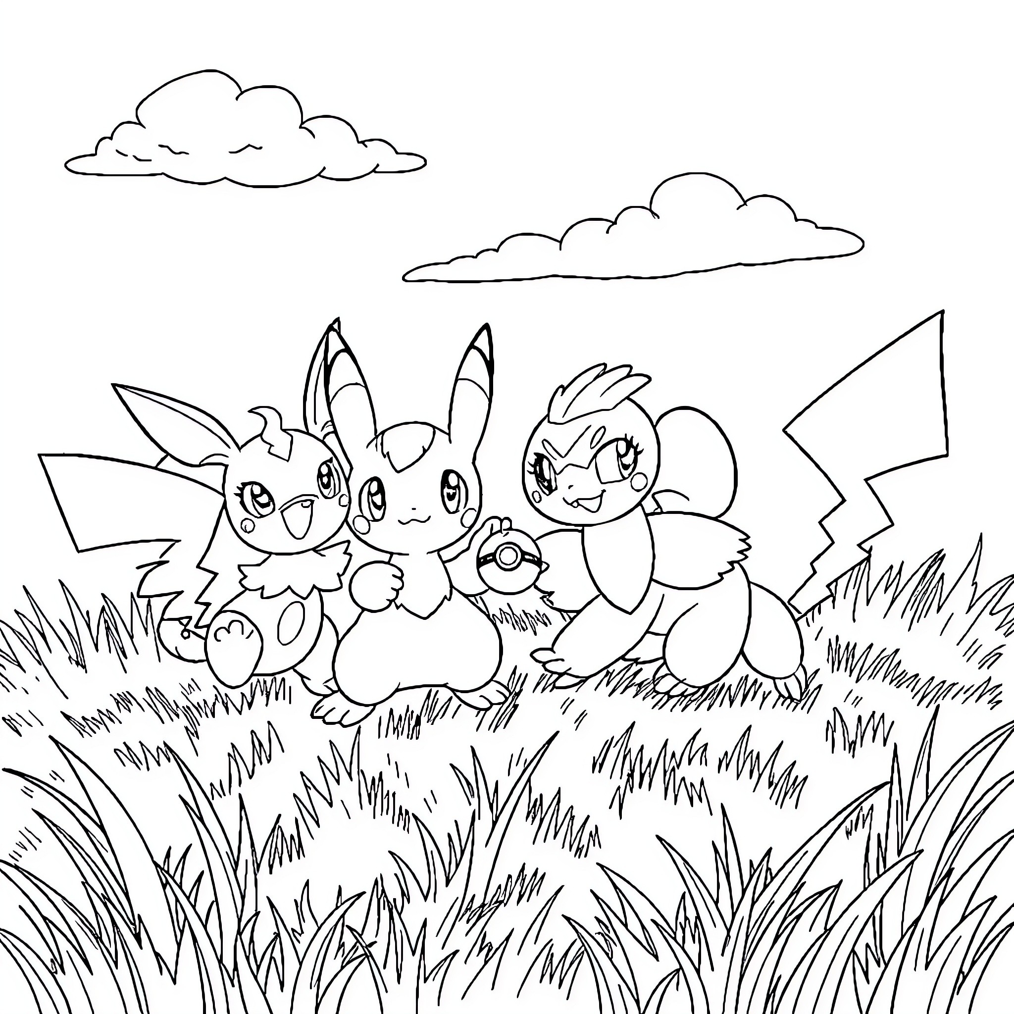 Pokémon enjoying an outdoor adventure Coloring Page (free black-and-white line drawing printable PDF for all, from beginners to advanced learners, including children, teens, adults, and seniors)
