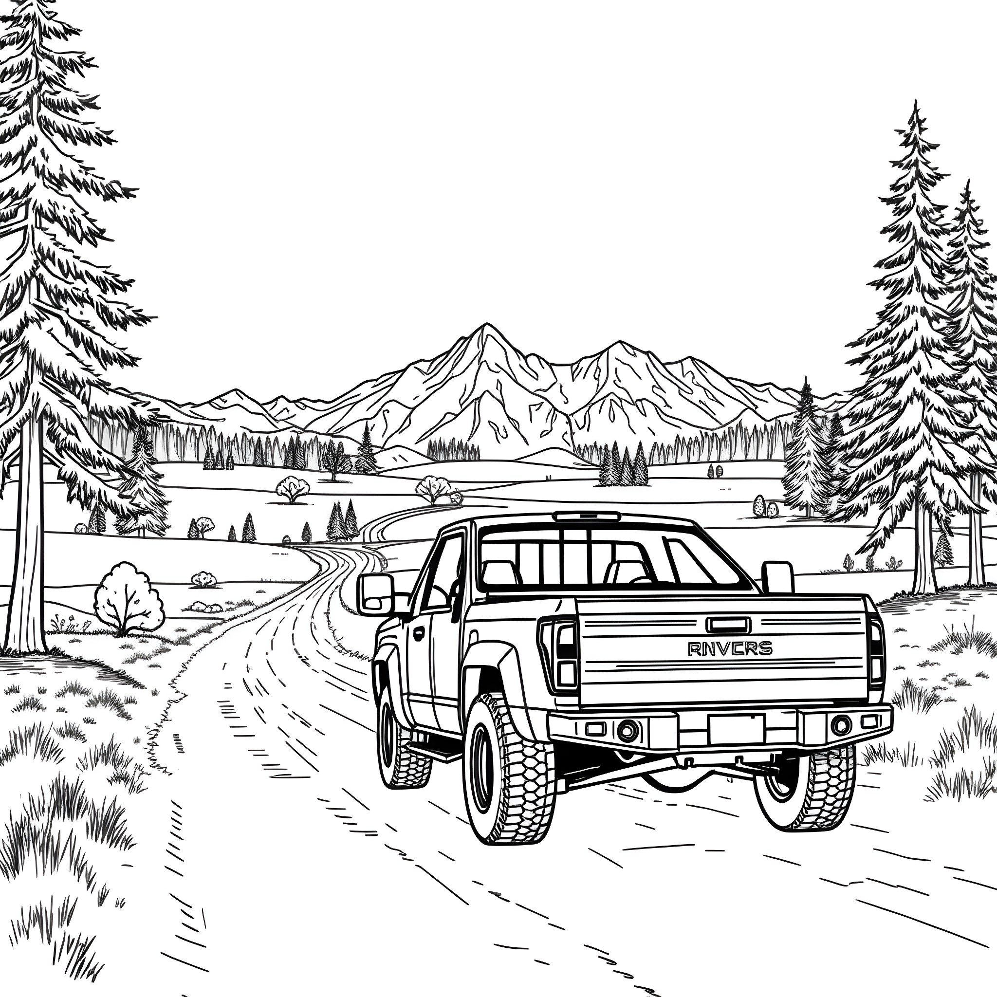 Pick Up Truck on Mountain Road with Scenic Landscape Coloring Page (free black-and-white line drawing printable PDF for all, from beginners to advanced learners, including children, teens, adults, and seniors)
