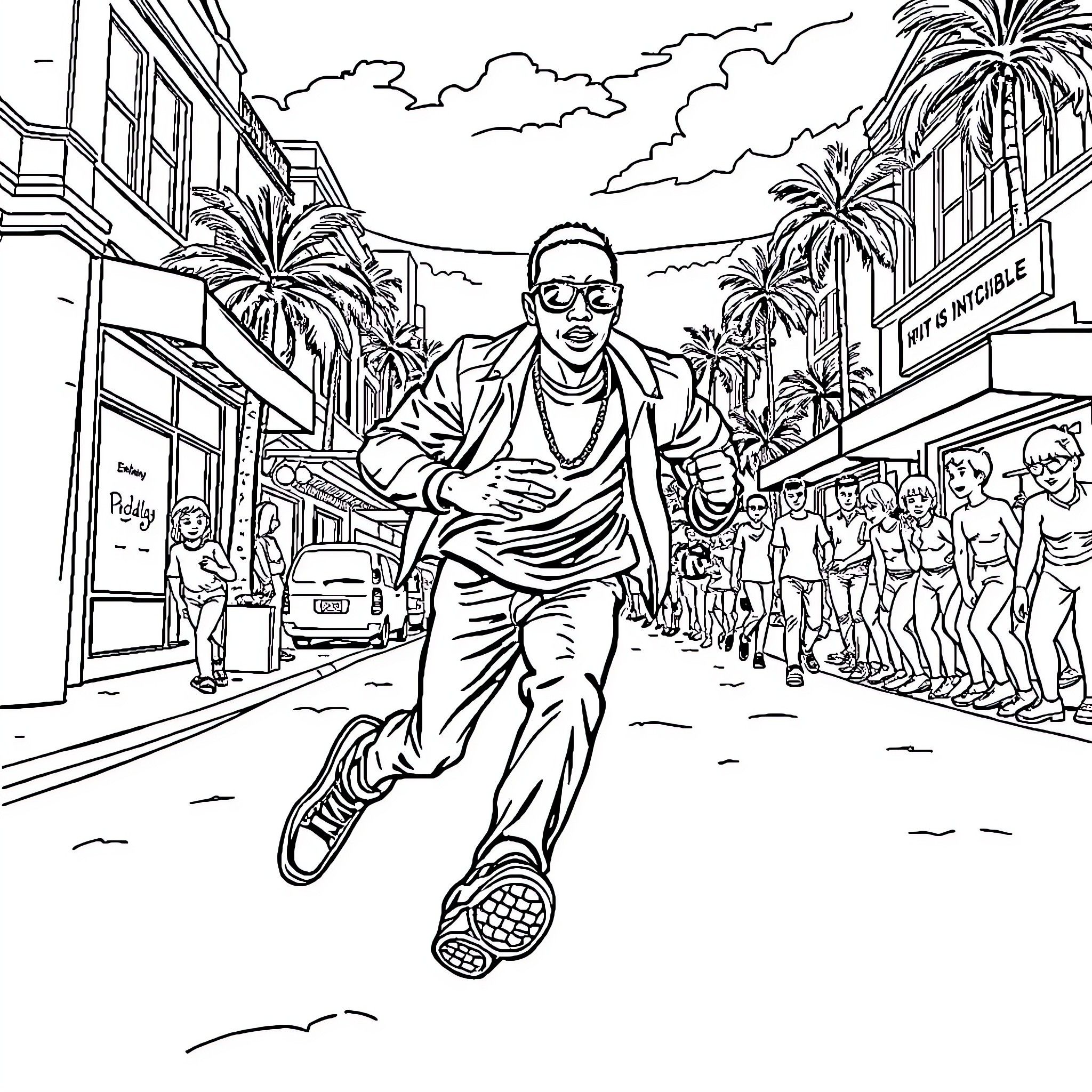 P Diddy's Lively Street Dance in Los Angeles Coloring Page (free black-and-white line drawing printable PDF for all, from beginners to advanced learners, including children, teens, adults, and seniors)