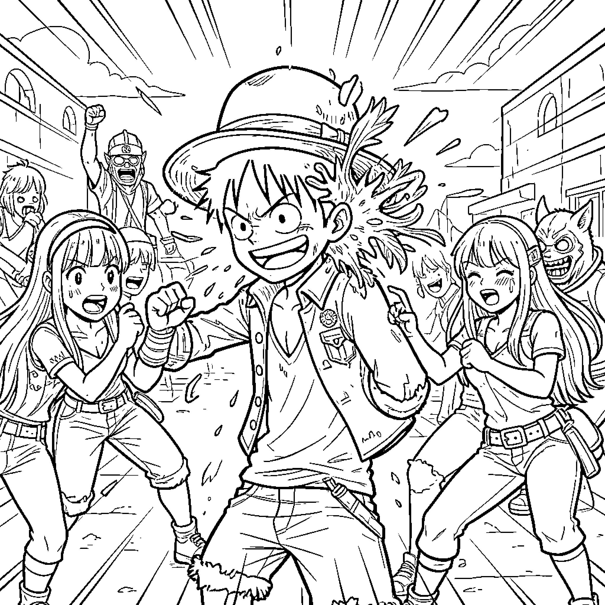 Luffy leading a group of cheerful friends in battle Coloring Page (free black-and-white line drawing printable PDF for all, from beginners to advanced learners, including children, teens, adults, and seniors)