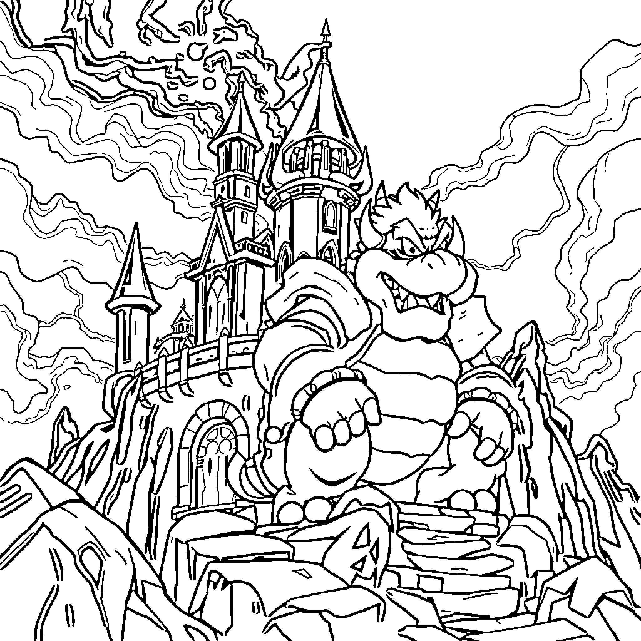 Bowser and his Castle in a Magical Landscape Coloring Page (free black-and-white line drawing printable PDF for all, from beginners to advanced learners, including children, teens, adults, and seniors)