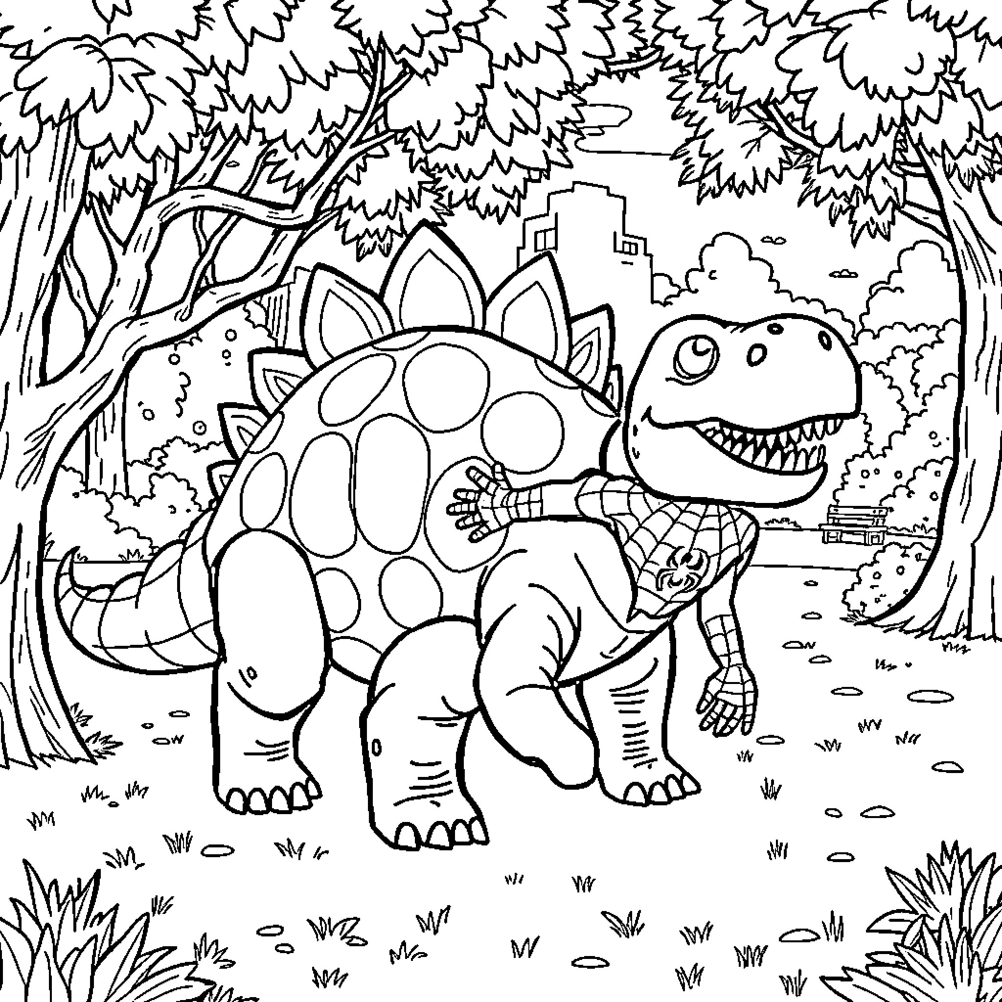 Ankylosaurus exploring the prehistoric forest Coloring Page (free black-and-white line drawing printable PDF for all, from beginners to advanced learners, including children, teens, adults, and seniors)