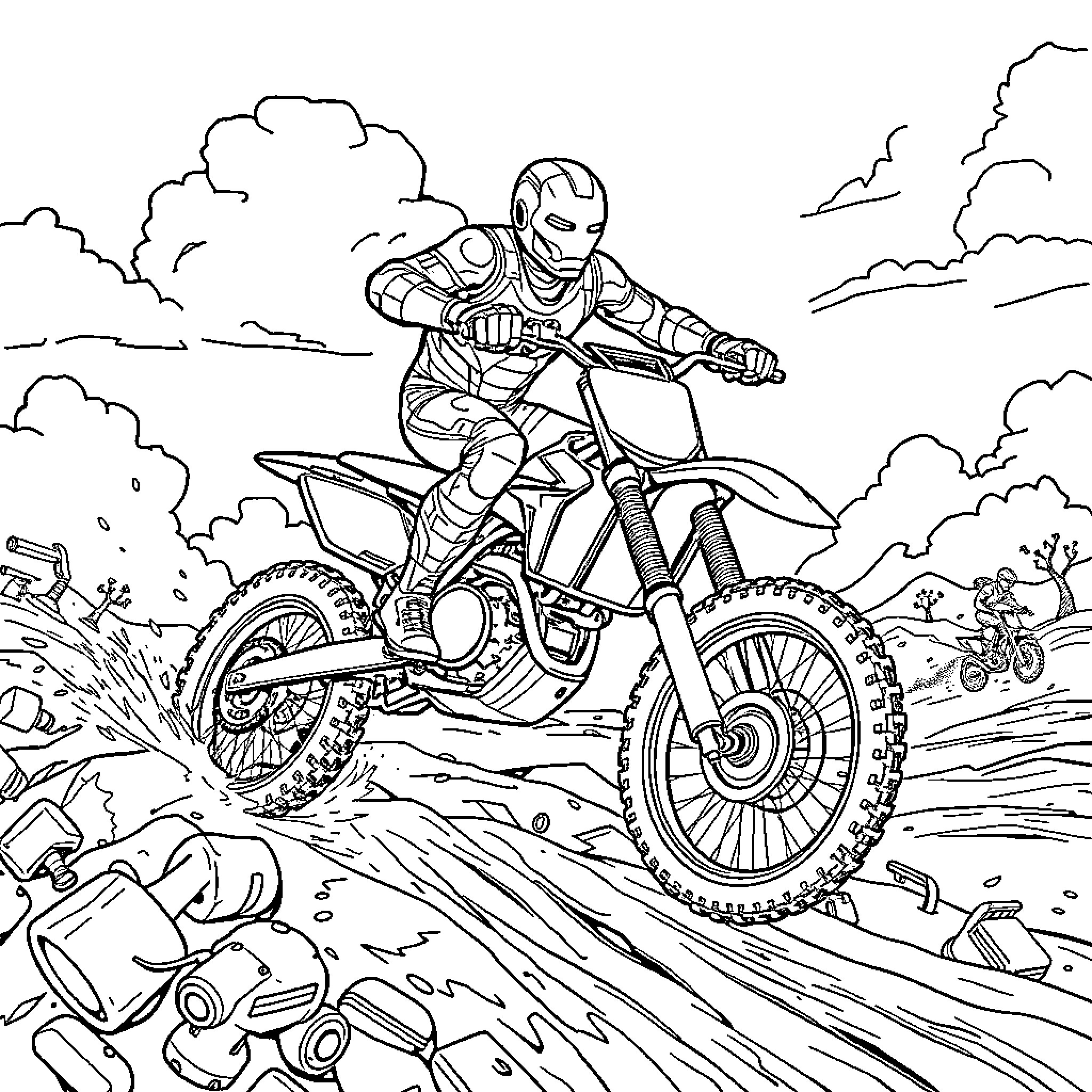 Iron Man racing on a dirt bike through the terrain Coloring Page (free black-and-white line drawing printable PDF for all, from beginners to advanced learners, including children, teens, adults, and seniors)