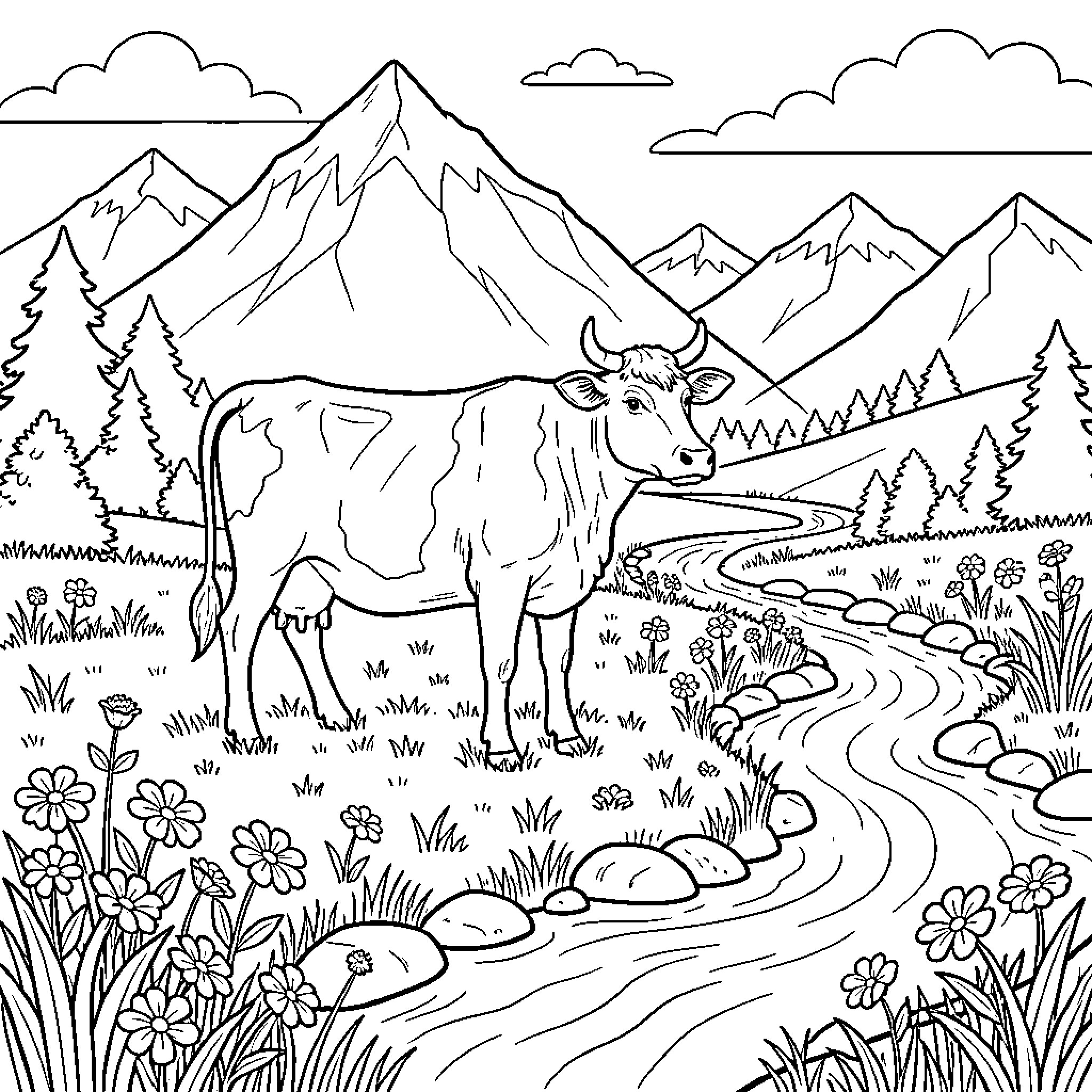 Cow standing peacefully by a mountain stream Coloring Page (free black-and-white line drawing printable PDF for all, from beginners to advanced learners, including children, teens, adults, and seniors)
