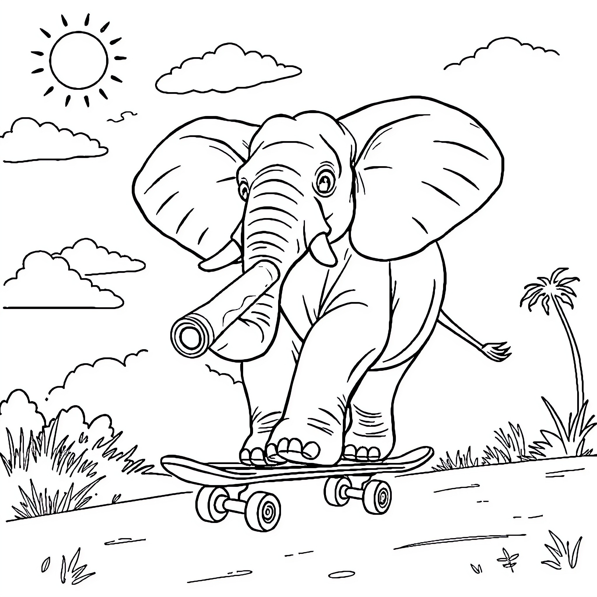 Elephant riding skateboard in tropical landscape Coloring Page (free black-and-white line drawing printable PDF for all, from beginners to advanced learners, including children, teens, adults, and seniors)