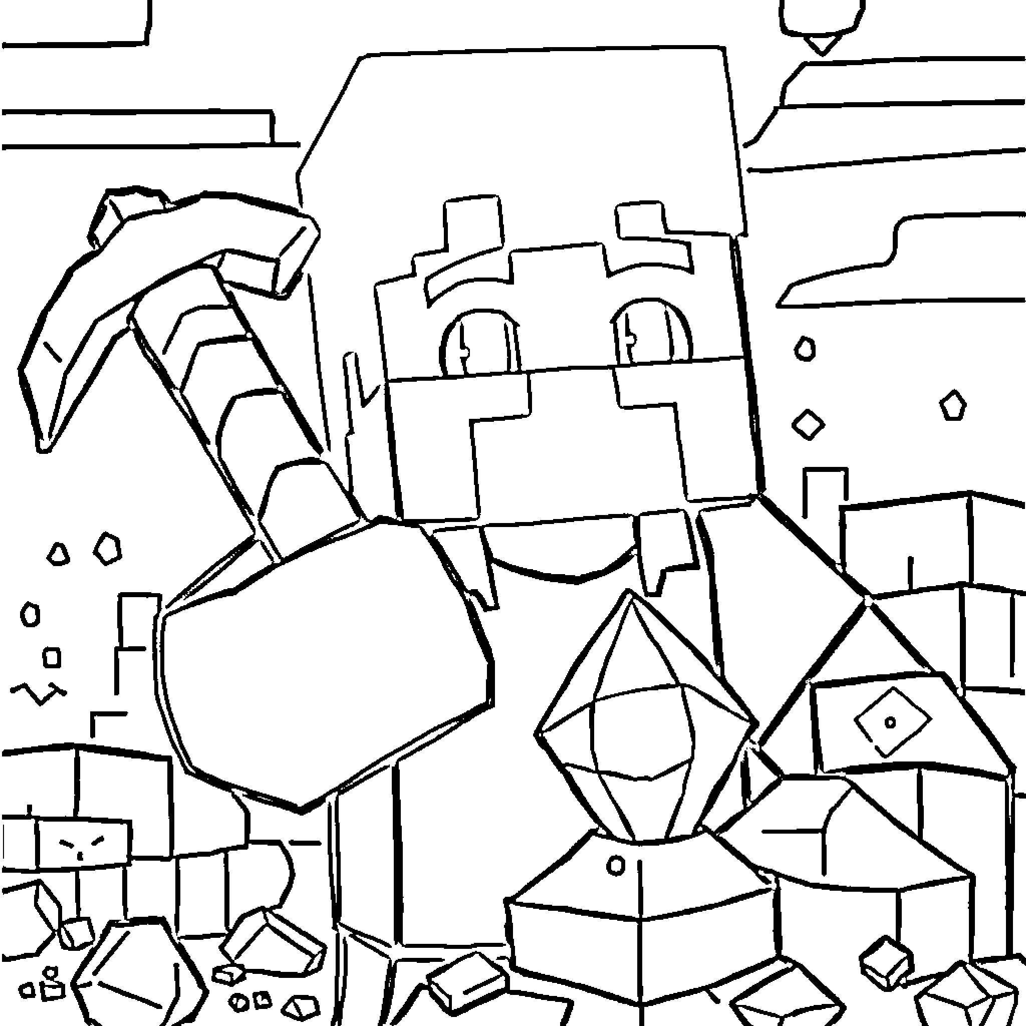 Steve's Geometric Adventure in a Blocky Landscape Coloring Page (free black-and-white line drawing printable PDF for all, from beginners to advanced learners, including children, teens, adults, and seniors)