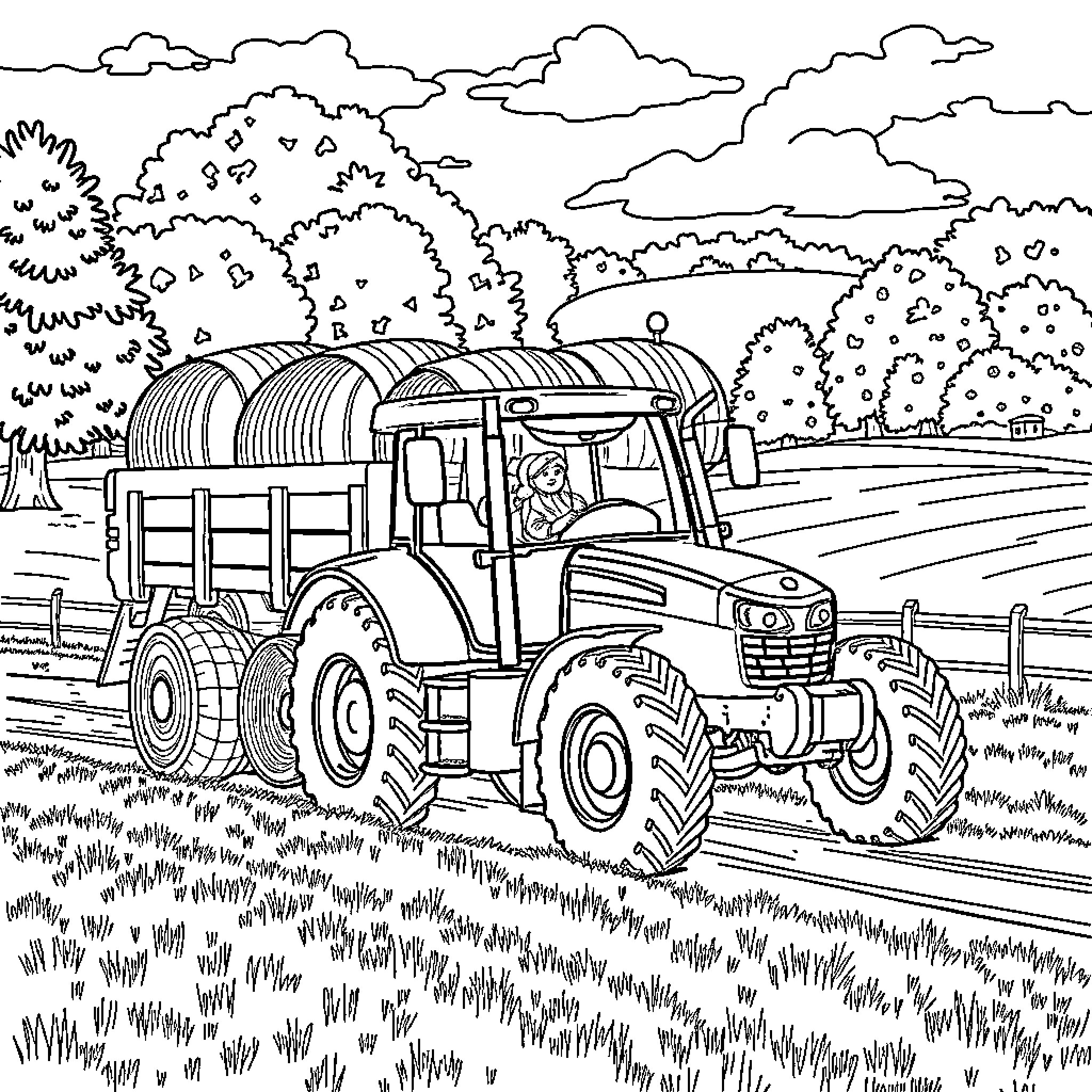 Tractor transporting large hay bales through the countryside Coloring Page (free black-and-white line drawing printable PDF for all, from beginners to advanced learners, including children, teens, adults, and seniors)