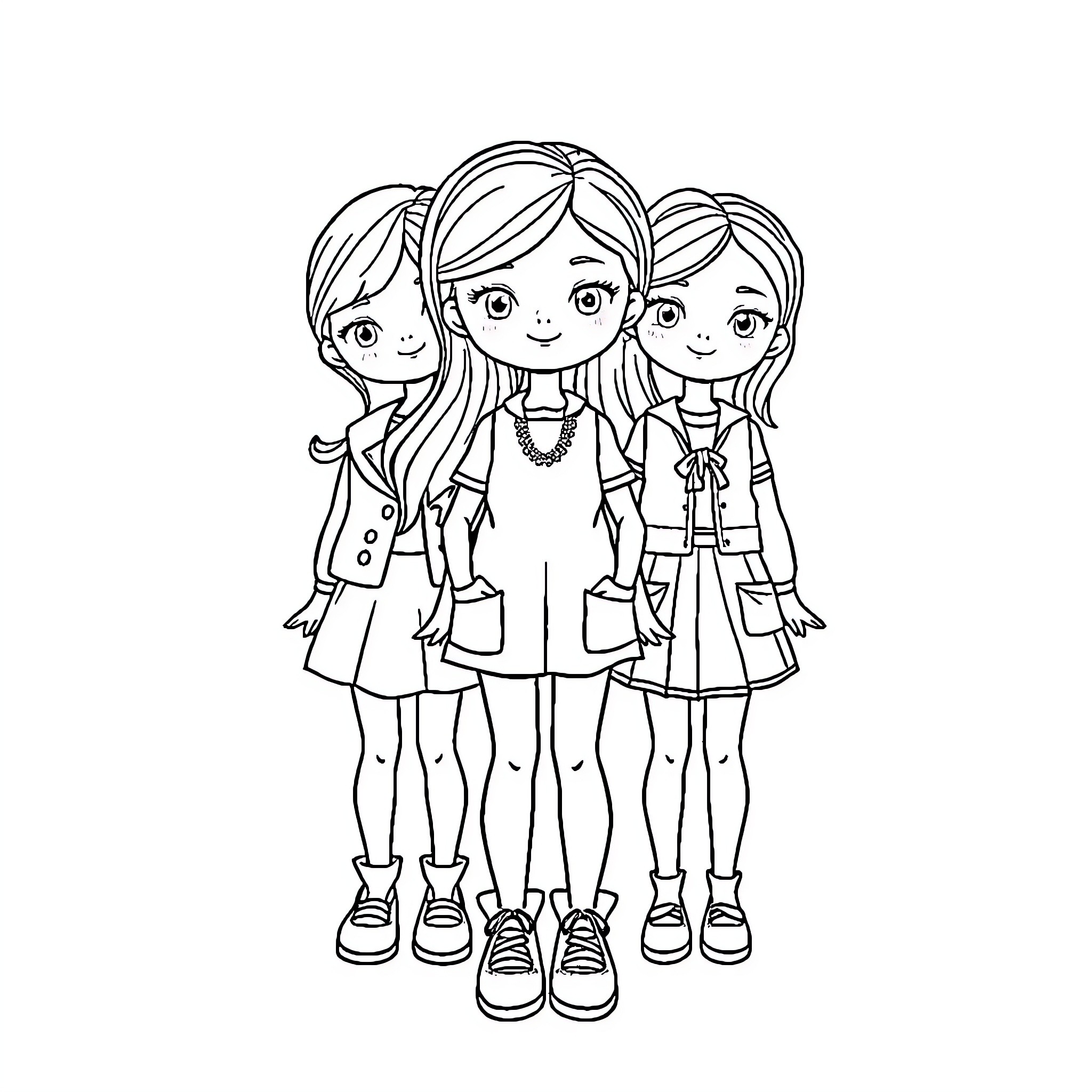 Paper Doll Friends in Stylish Outfits Coloring Page (free black-and-white line drawing printable PDF for all, from beginners to advanced learners, including children, teens, adults, and seniors)