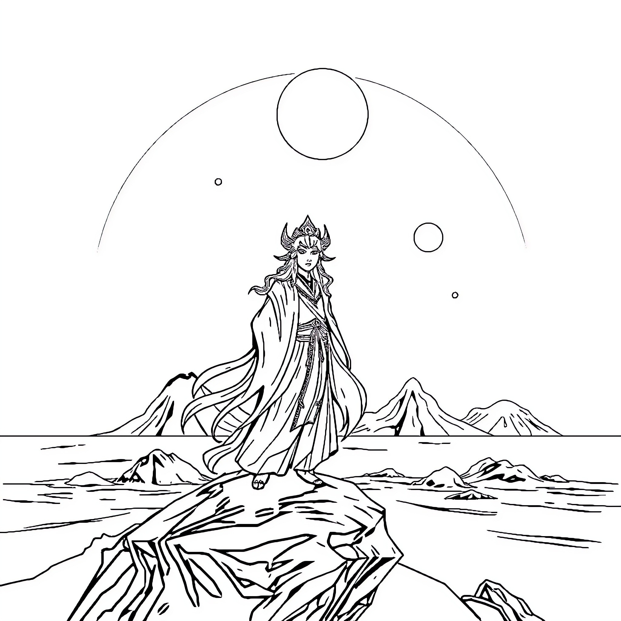 Shin Hati's Celestial Solitude amid Rugged Terrain Coloring Page (free black-and-white line drawing printable PDF for all, from beginners to advanced learners, including children, teens, adults, and seniors)