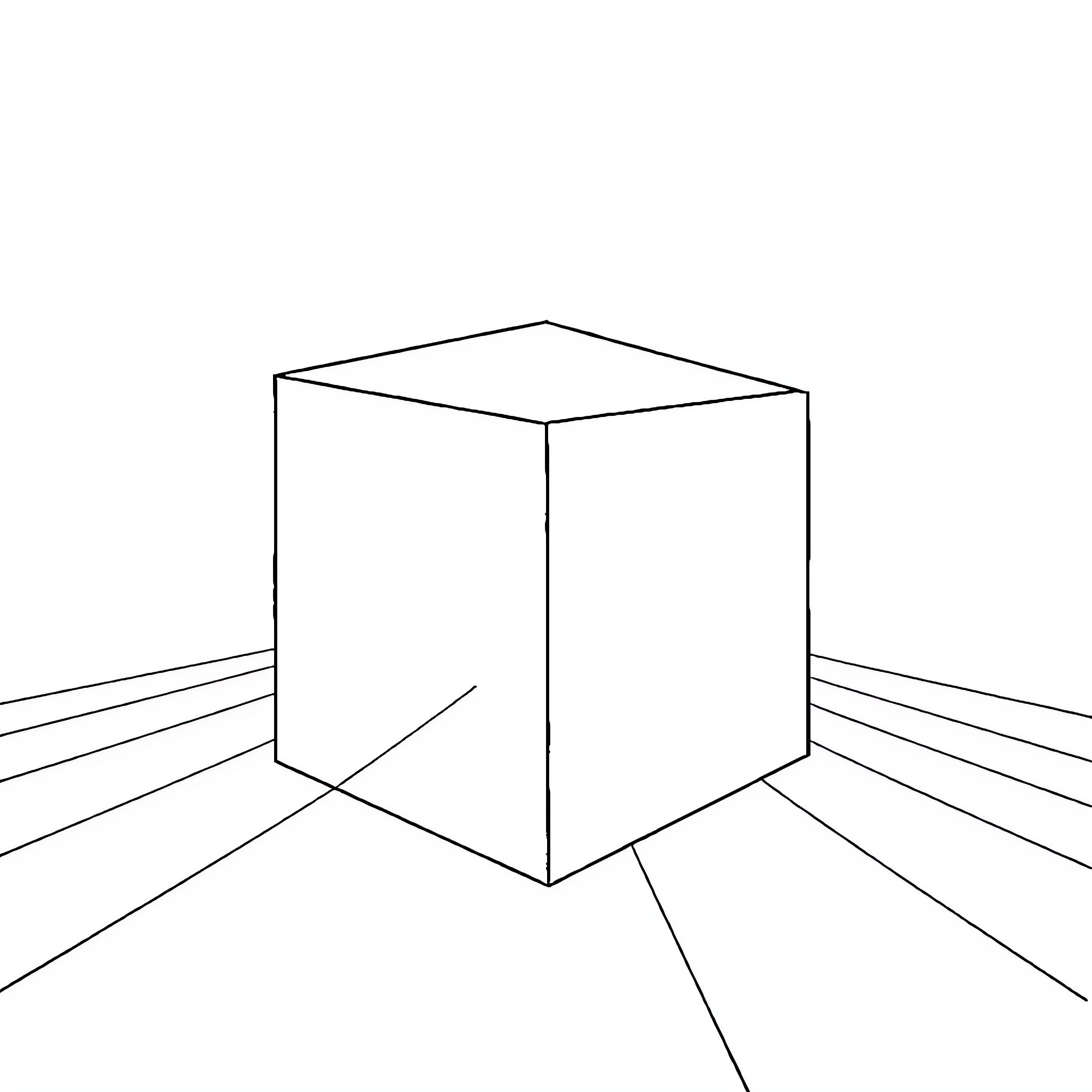 Cube in Minimalist Room Setting Coloring Page (free black-and-white line drawing printable PDF for all, from beginners to advanced learners, including children, teens, adults, and seniors)