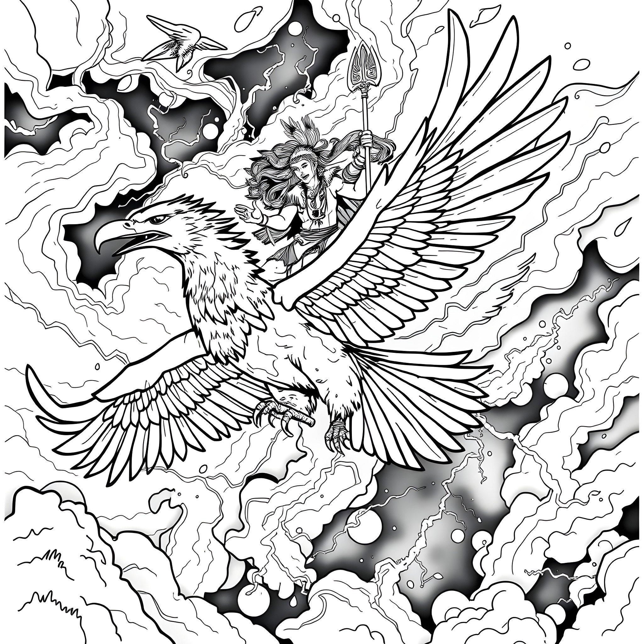 Spirit of the Celestial Phoenix in Flight Coloring Page (free black-and-white line drawing printable PDF for all, from beginners to advanced learners, including children, teens, adults, and seniors)