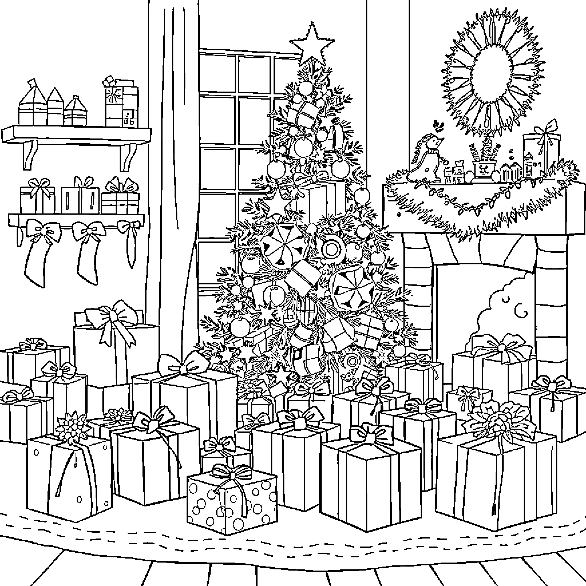 Christmas Celebration with Decorated Tree and Gifts Coloring Page (free black-and-white line drawing printable PDF for all, from beginners to advanced learners, including children, teens, adults, and seniors)
