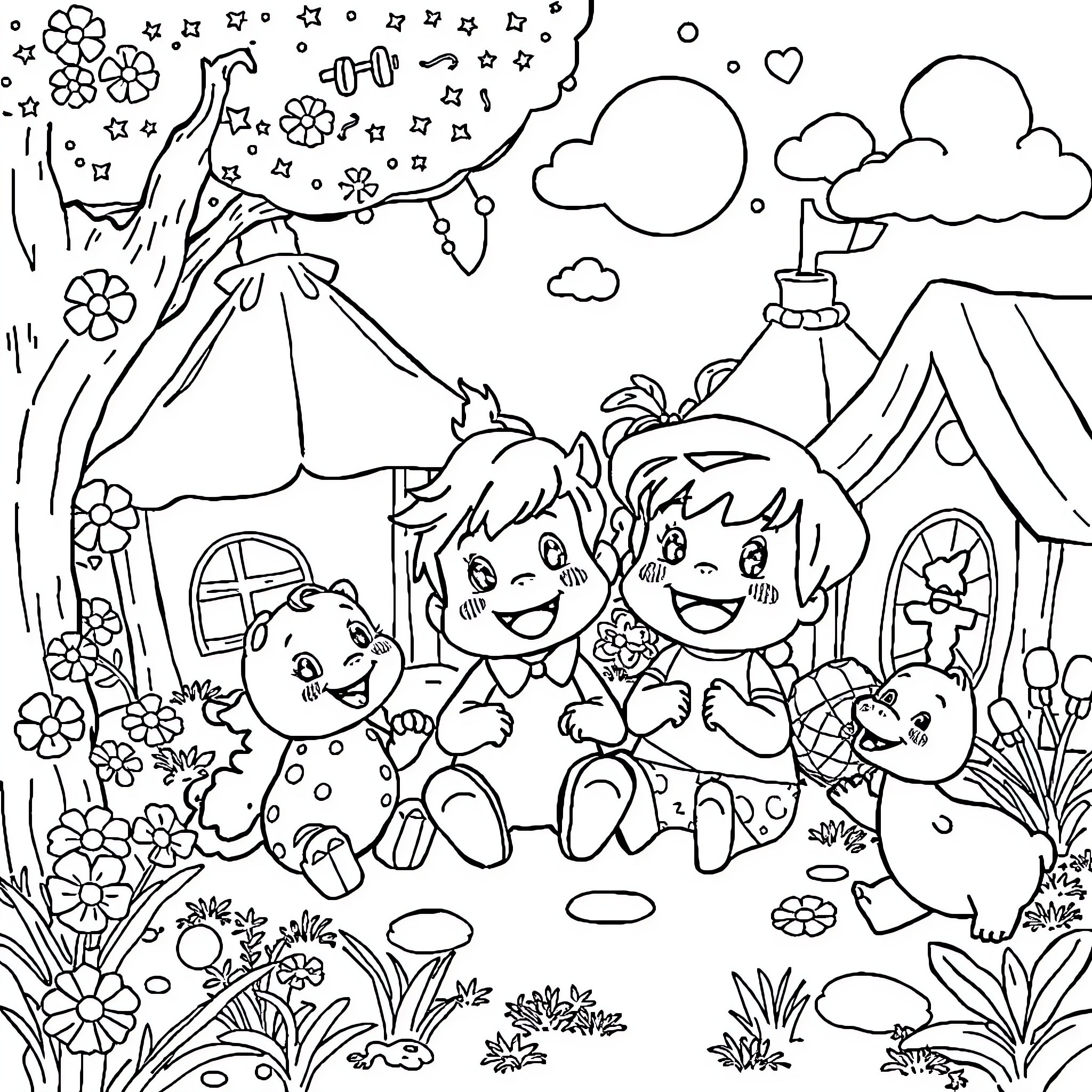 Oui-oui Playful Children Explore Whimsical Cottage Landscape Coloring Page (free black-and-white line drawing printable PDF for all, from beginners to advanced learners, including children, teens, adults, and seniors)