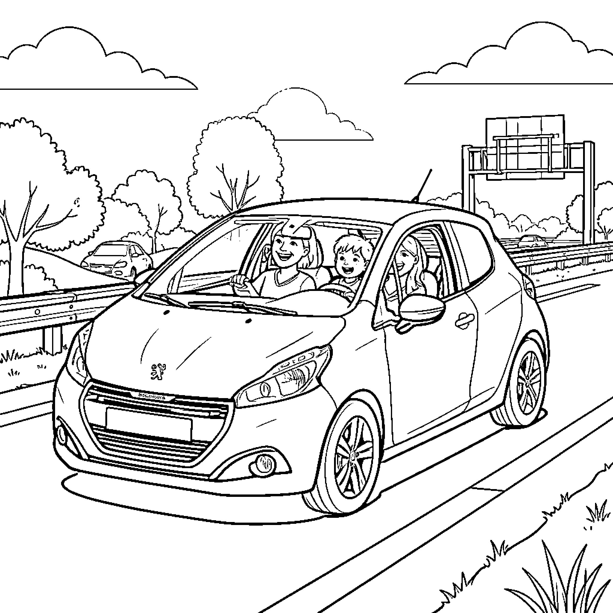 Peugeot driving family through a scenic landscape Coloring Page (free black-and-white line drawing printable PDF for all, from beginners to advanced learners, including children, teens, adults, and seniors)