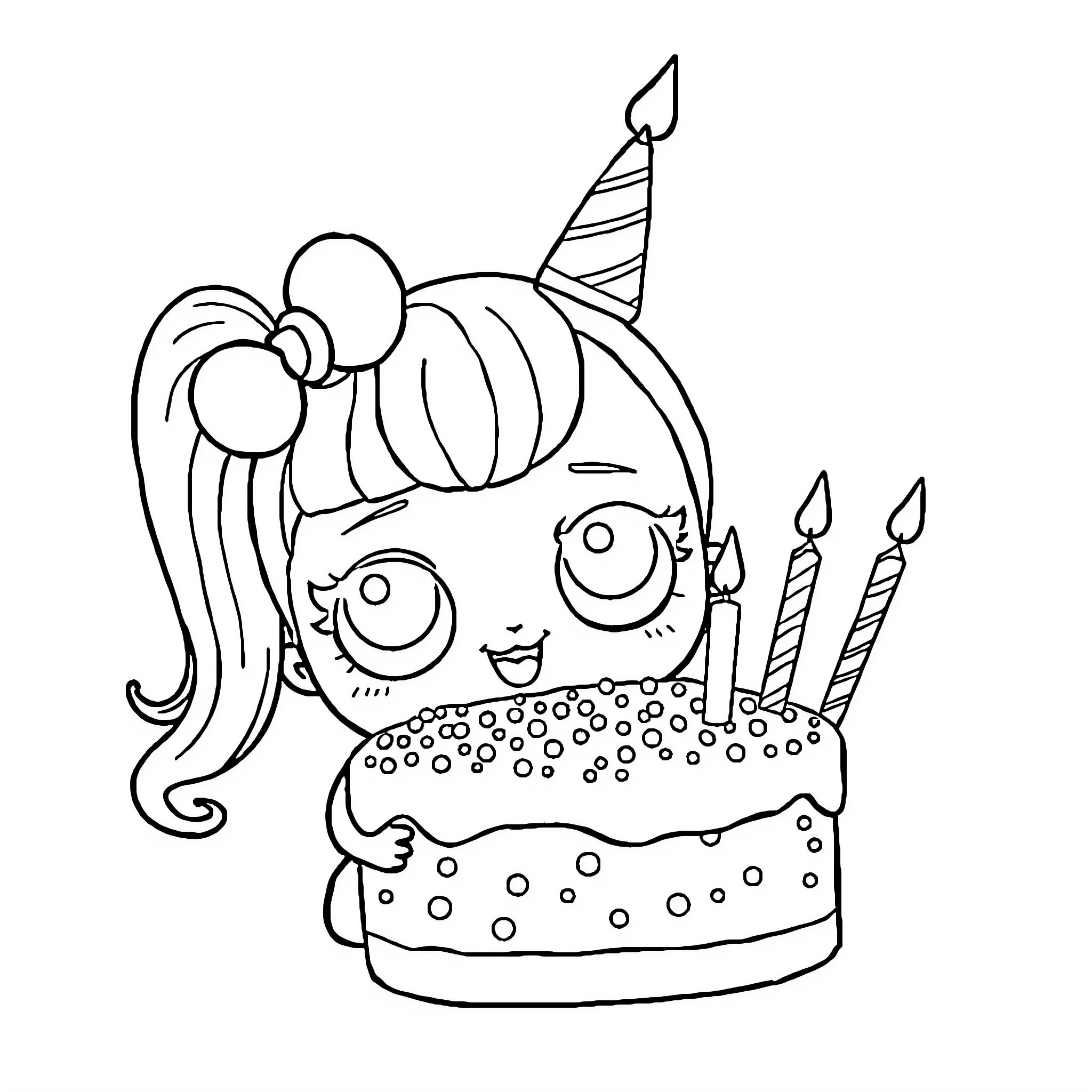 LOL Surprise Girl Celebrating Birthday with Cake Coloring Page (free black-and-white line drawing printable PDF for all, from beginners to advanced learners, including children, teens, adults, and seniors)