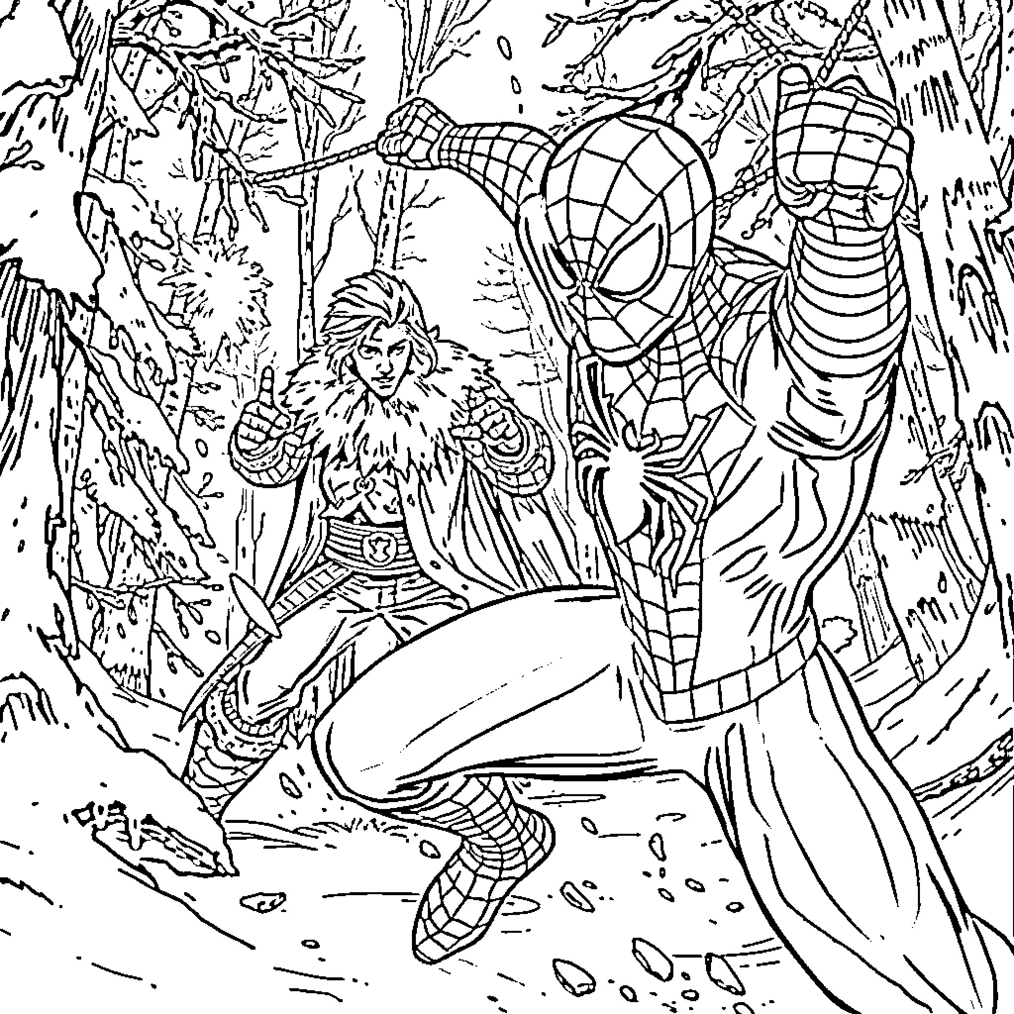 Spiderman battles villains in a snowy forest Coloring Page (free black-and-white line drawing printable PDF for all, from beginners to advanced learners, including children, teens, adults, and seniors)