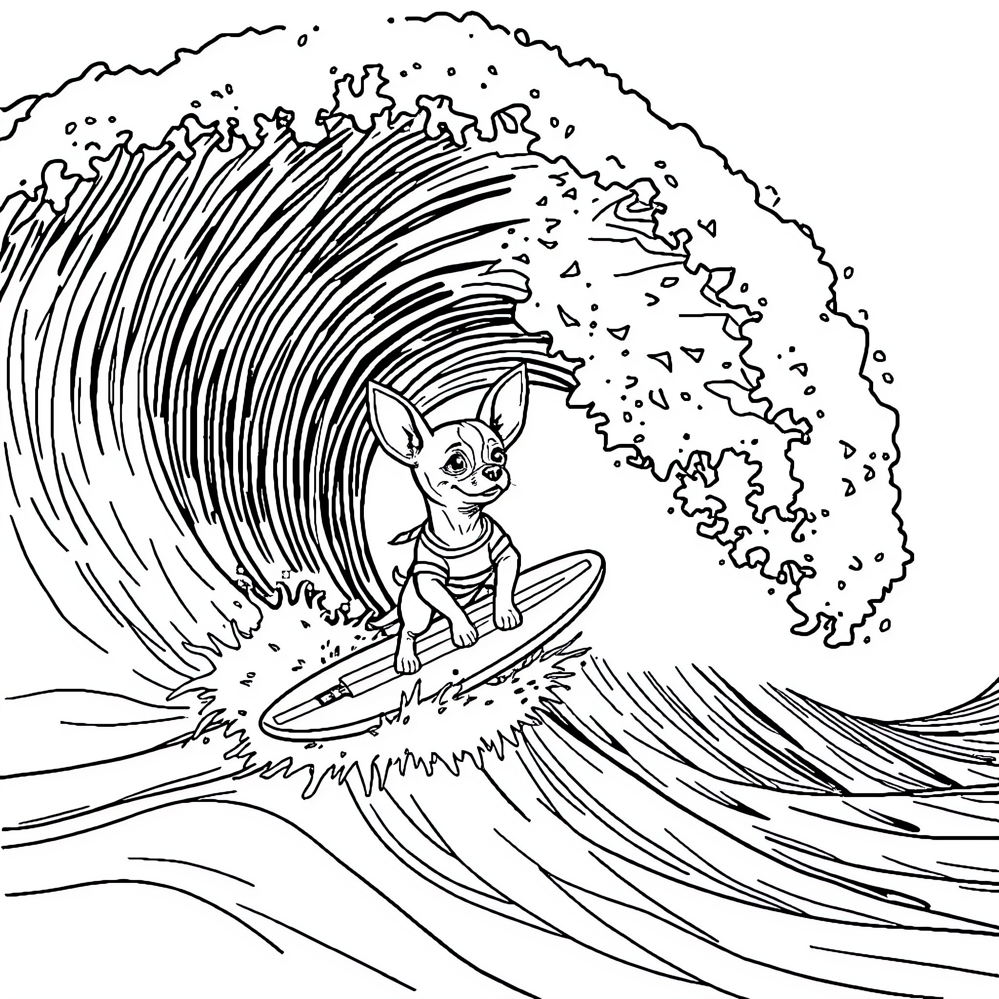 Chihuahua surfing through a massive wave Coloring Page (free black-and-white line drawing printable PDF for all, from beginners to advanced learners, including children, teens, adults, and seniors)