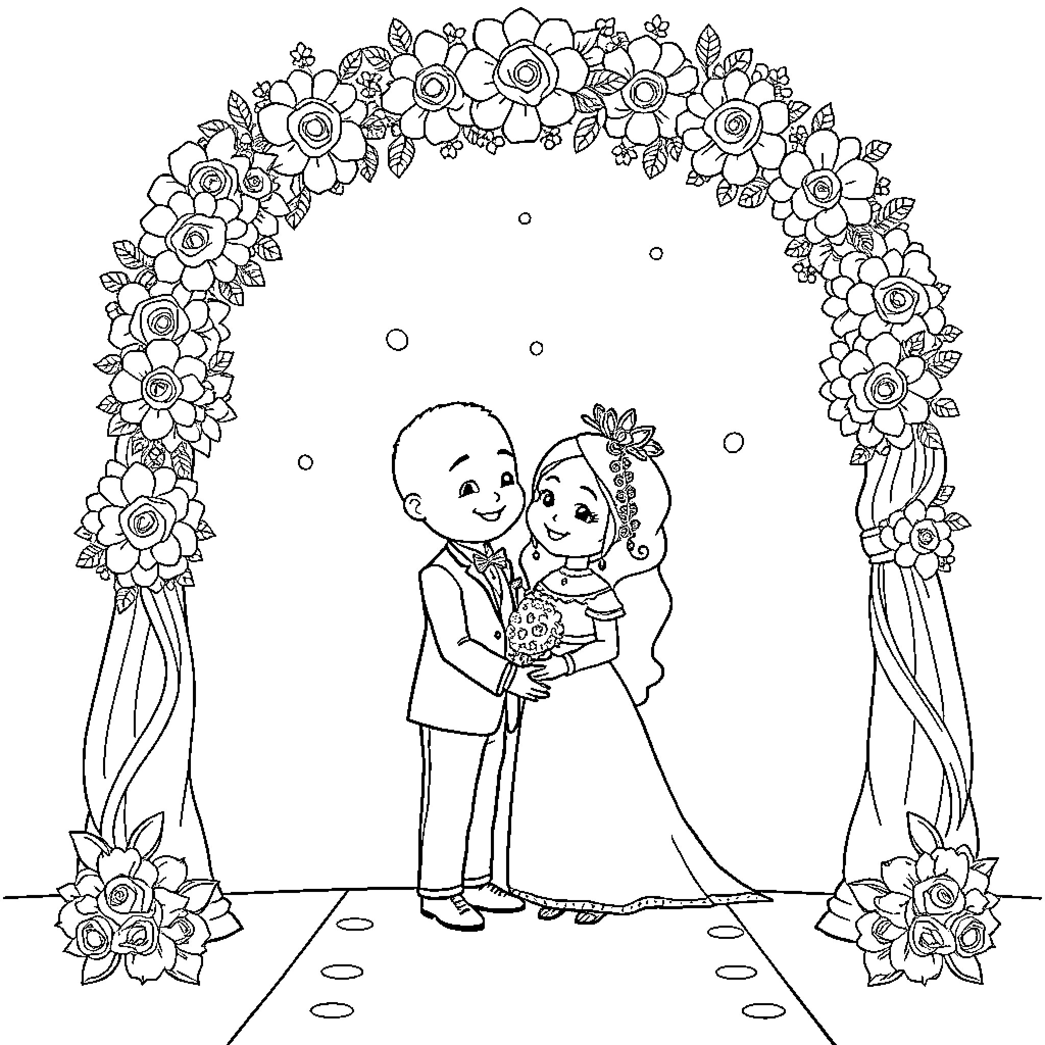 Bubu's Floral Wedding Celebration Coloring Page (free black-and-white line drawing printable PDF for all, from beginners to advanced learners, including children, teens, adults, and seniors)