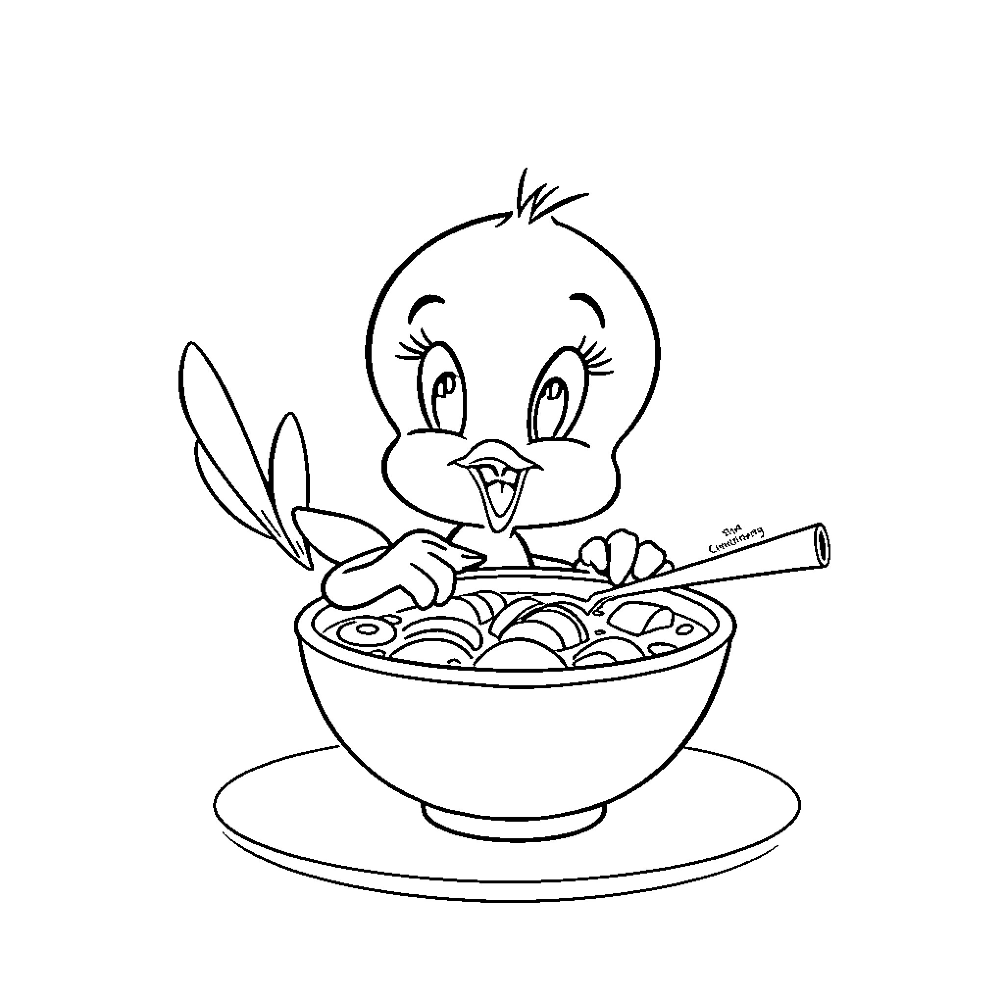 Tweety Bird enjoying a hearty meal Coloring Page (free black-and-white line drawing printable PDF for all, from beginners to advanced learners, including children, teens, adults, and seniors)