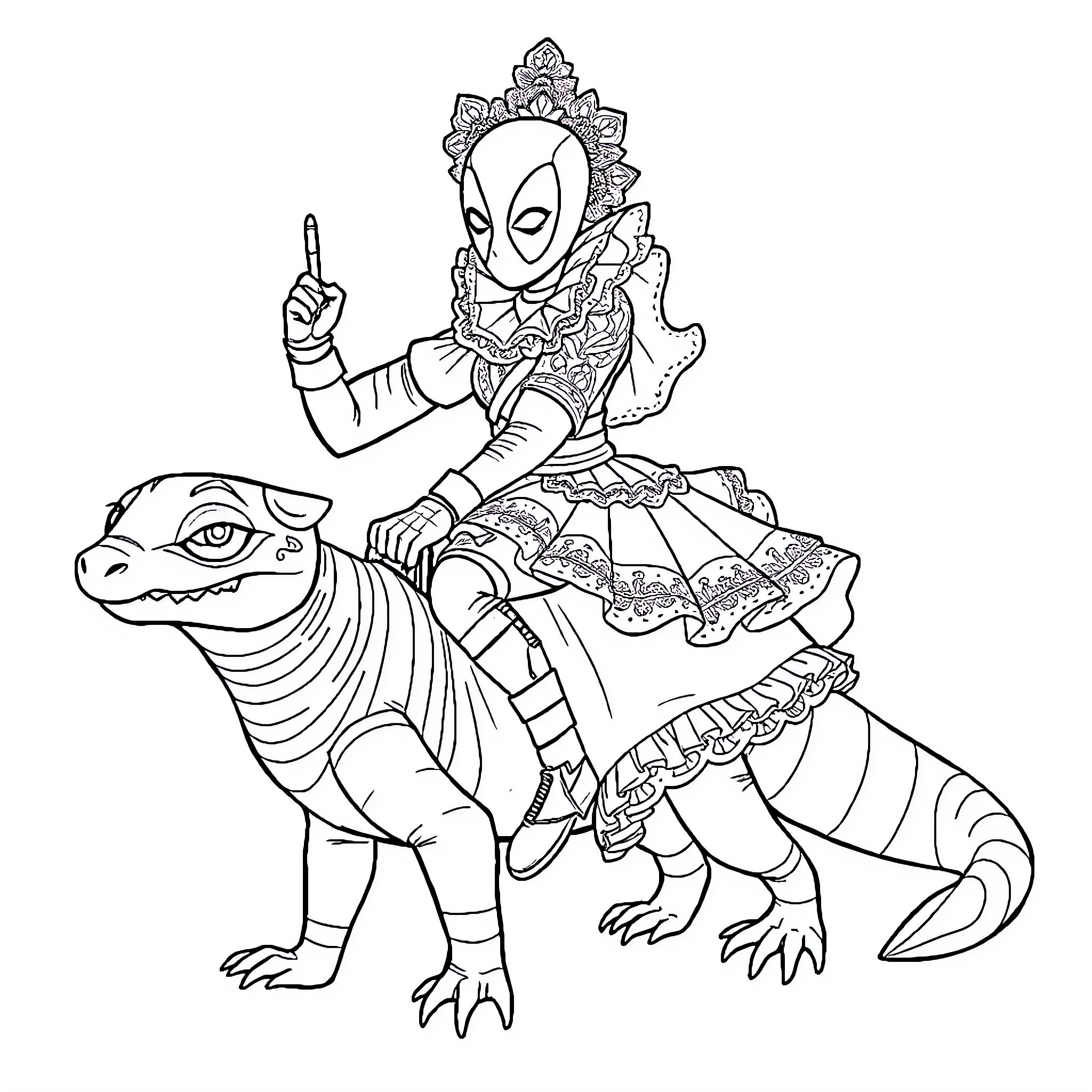 Deadpool in Ornate Attire Riding a Dinosaur Coloring Page (free black-and-white line drawing printable PDF for all, from beginners to advanced learners, including children, teens, adults, and seniors)