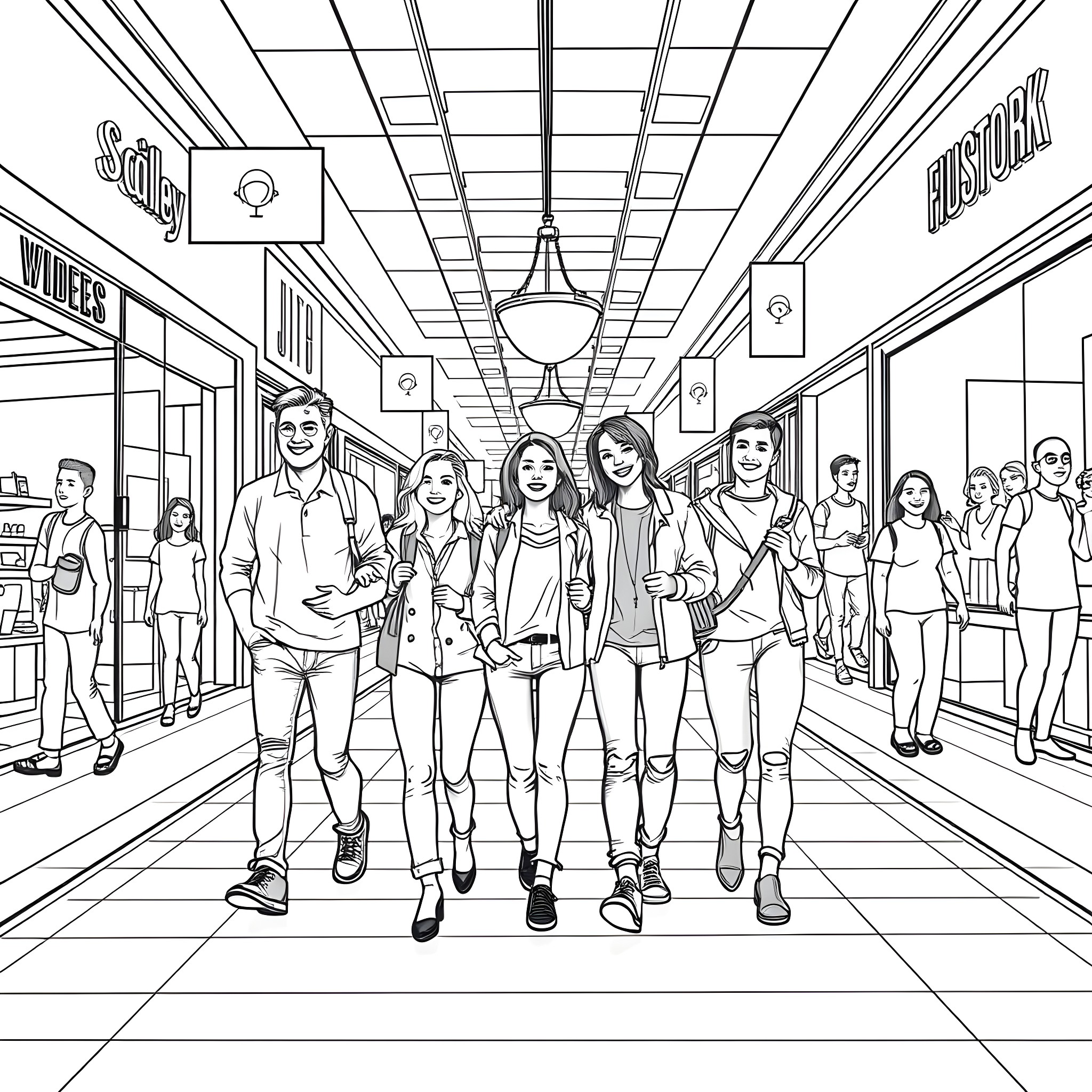 Family exploring a bustling school hallway Coloring Page (free black-and-white line drawing printable PDF for all, from beginners to advanced learners, including children, teens, adults, and seniors)