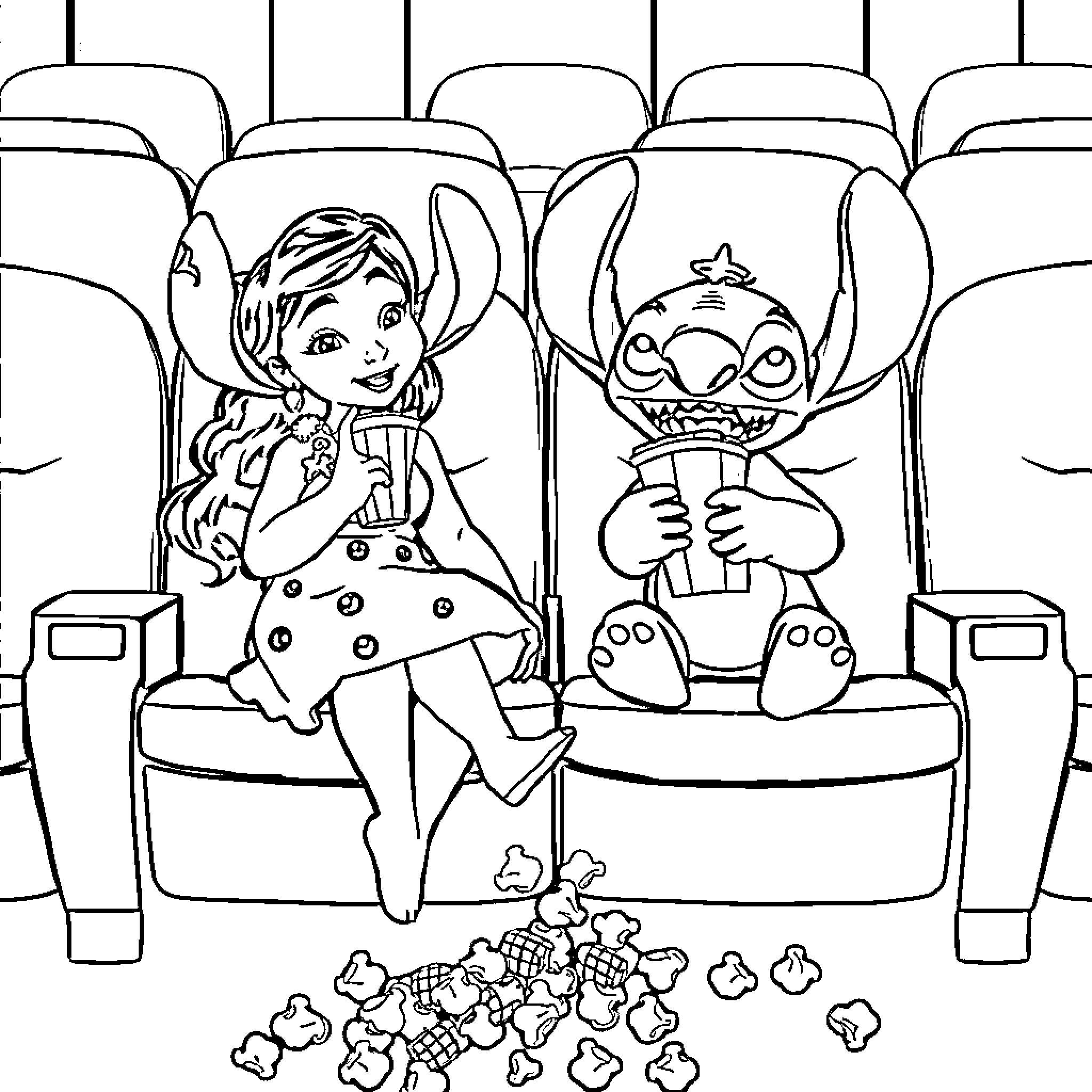 Lilo sharing snacks with unusual friend on bus Coloring Page (free black-and-white line drawing printable PDF for all, from beginners to advanced learners, including children, teens, adults, and seniors)